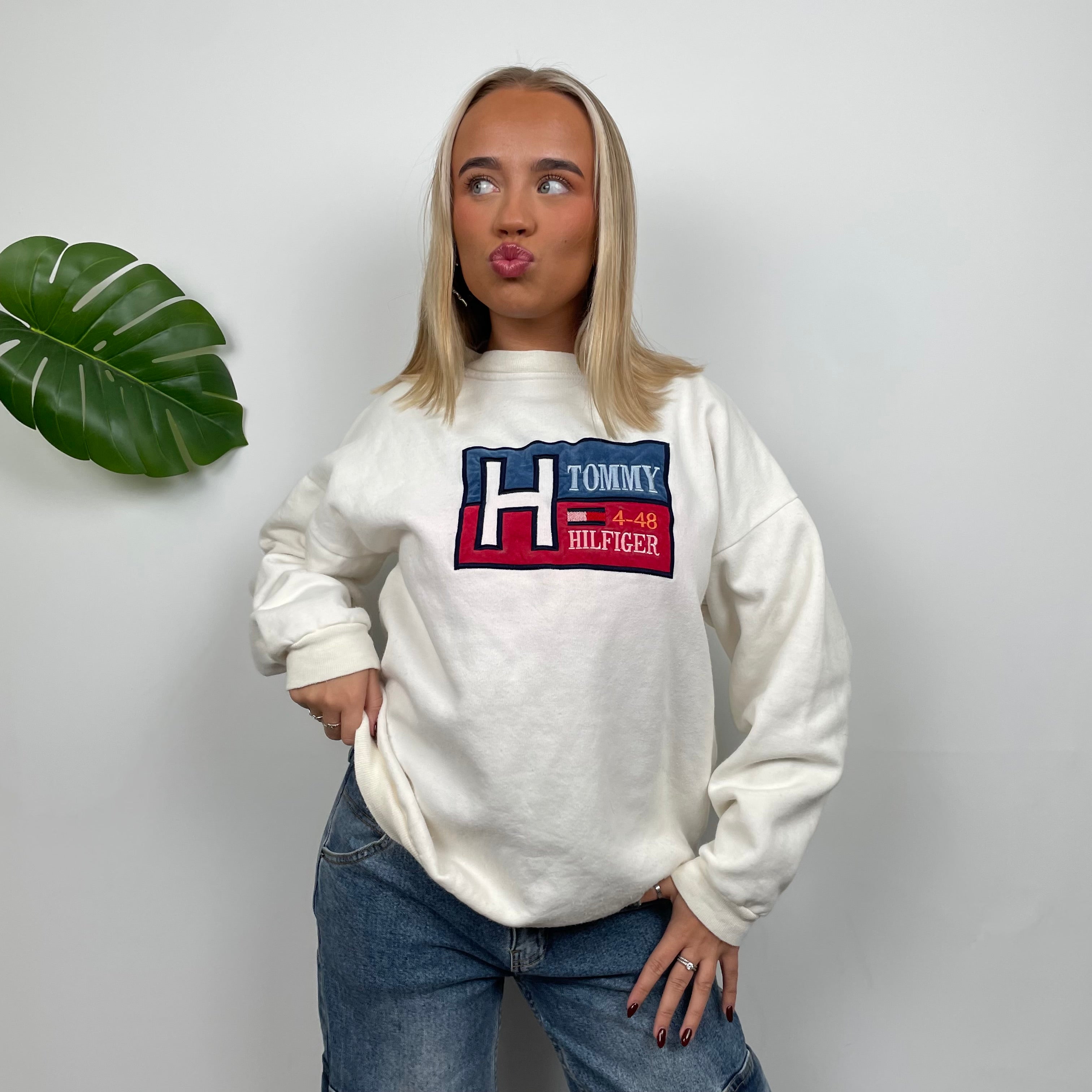 Tommy Hilfiger RARE Cream Embroidered Spell Out Sweatshirt