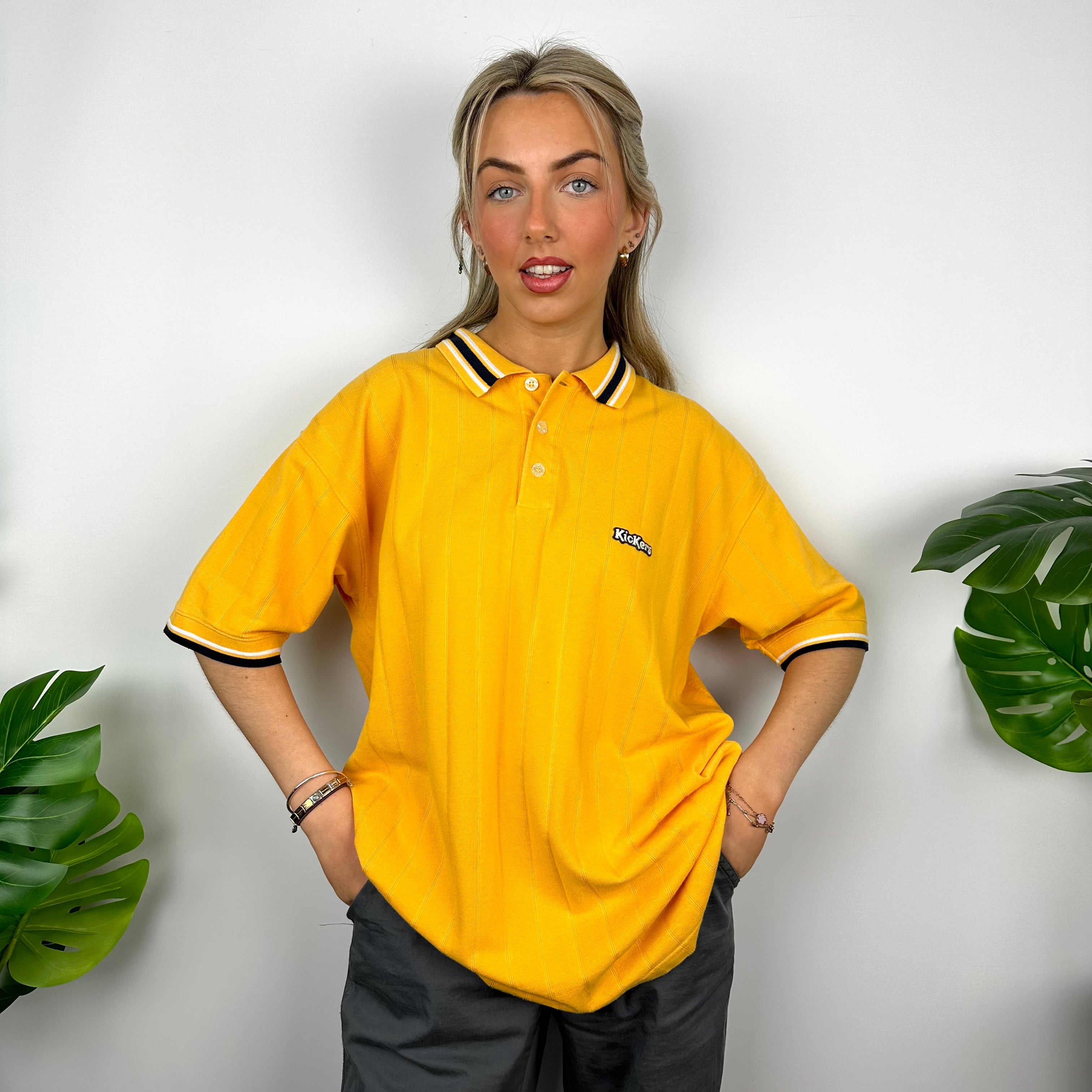 Kickers Yellow Embroidered Spell Out Polo Shirt (M)