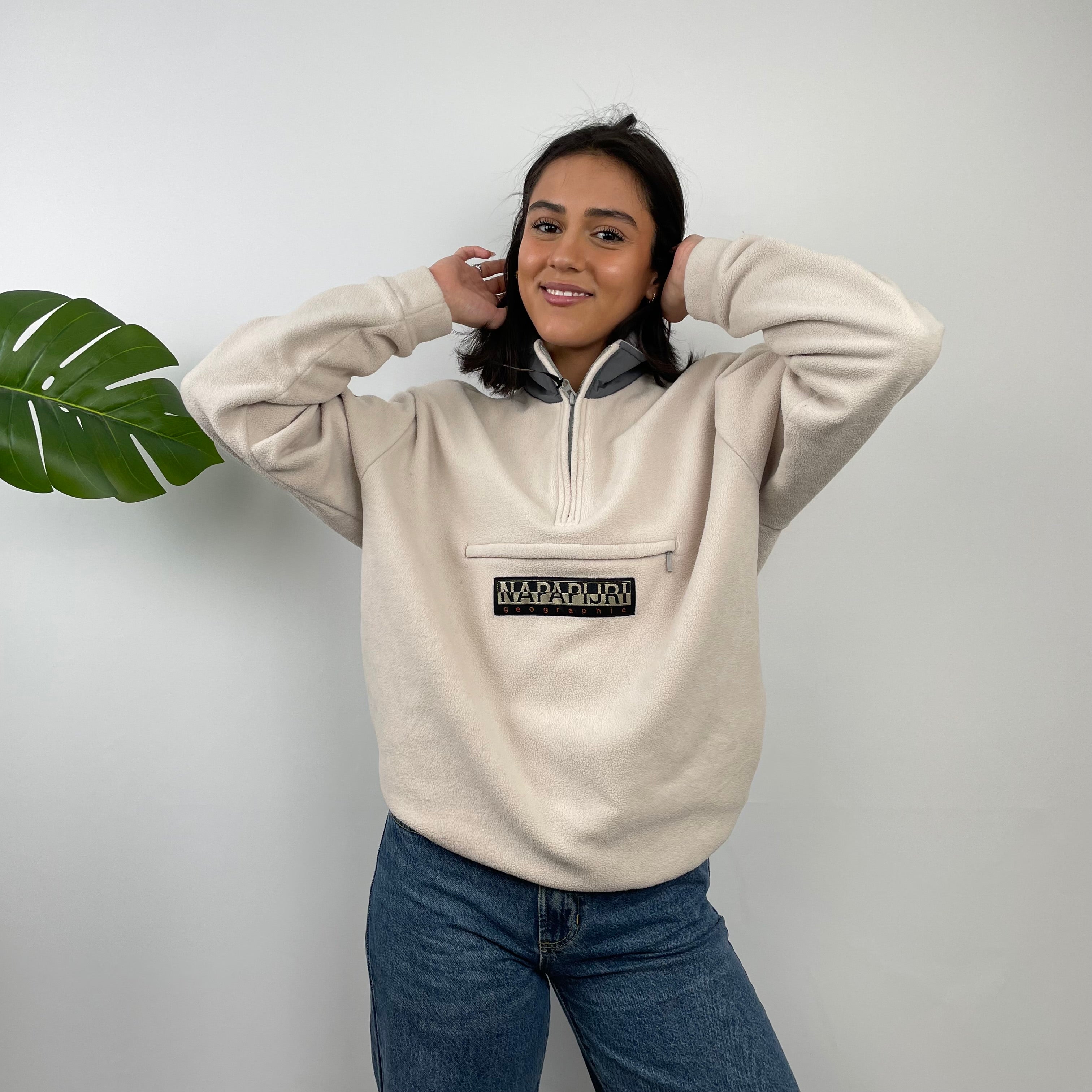 Napapijri Cream Embroidered Spell Out Teddy Bear Fleece Quarter Zip (M)