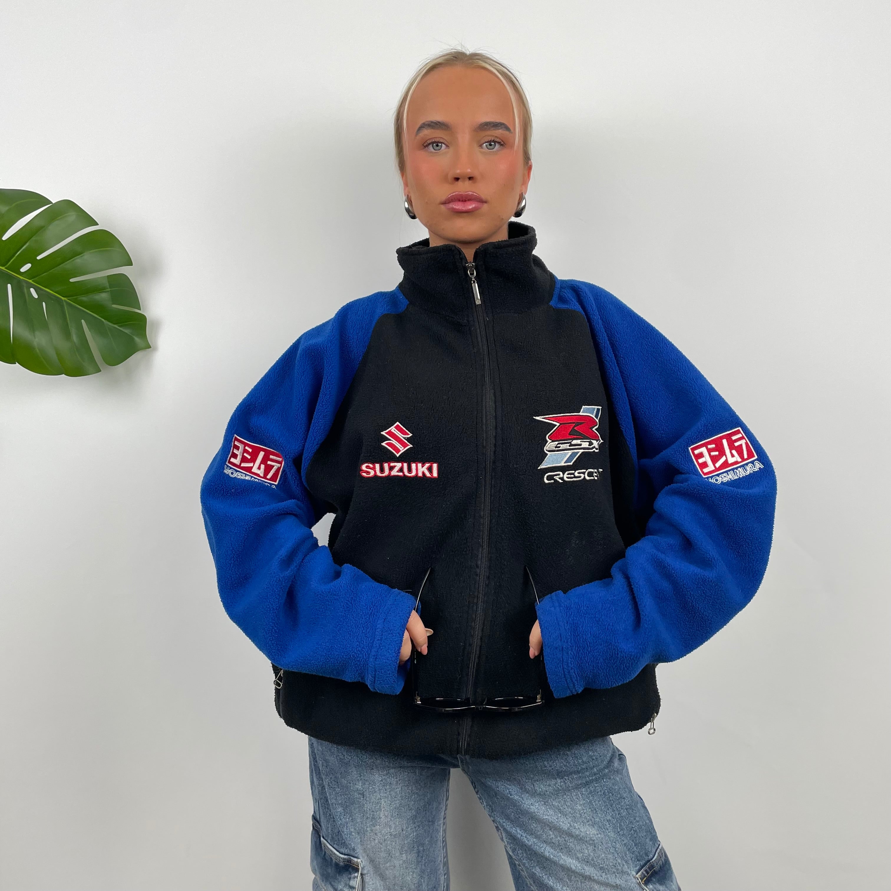 Suzuki Racing Blue Embroidered Spell Out Zip Up Fleece Jacket (XXL)