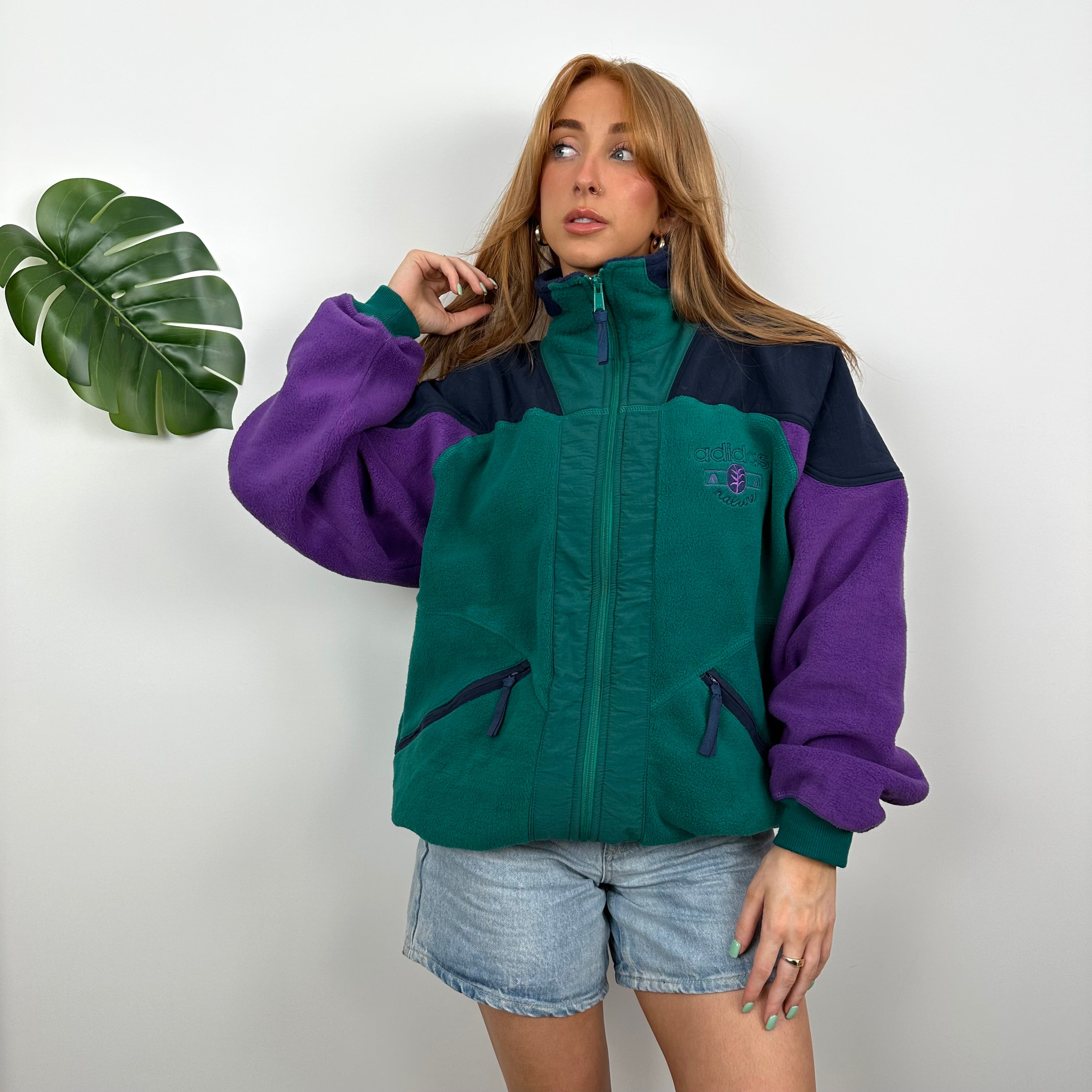 Adidas Purple and Green Teddy Bear Fleece Zip Up Jacket (L)