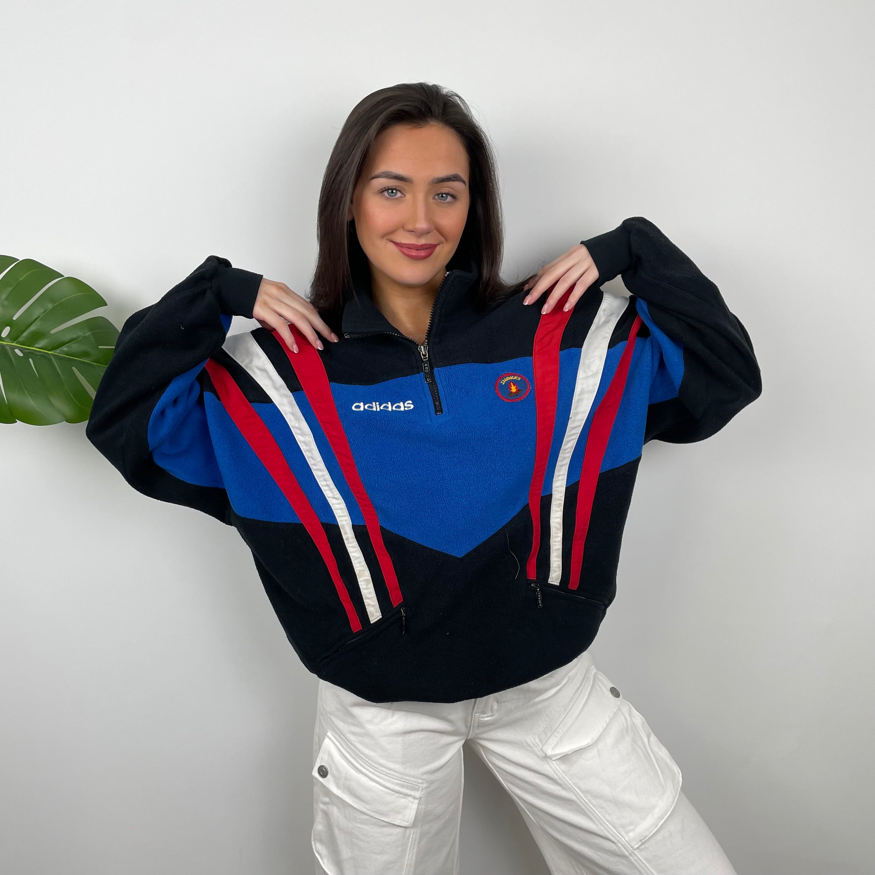 Adidas Blue RARE Colour Block Embroidered Spell Out Teddy Bear Fleece Quarter Zip Sweatshirt (L)