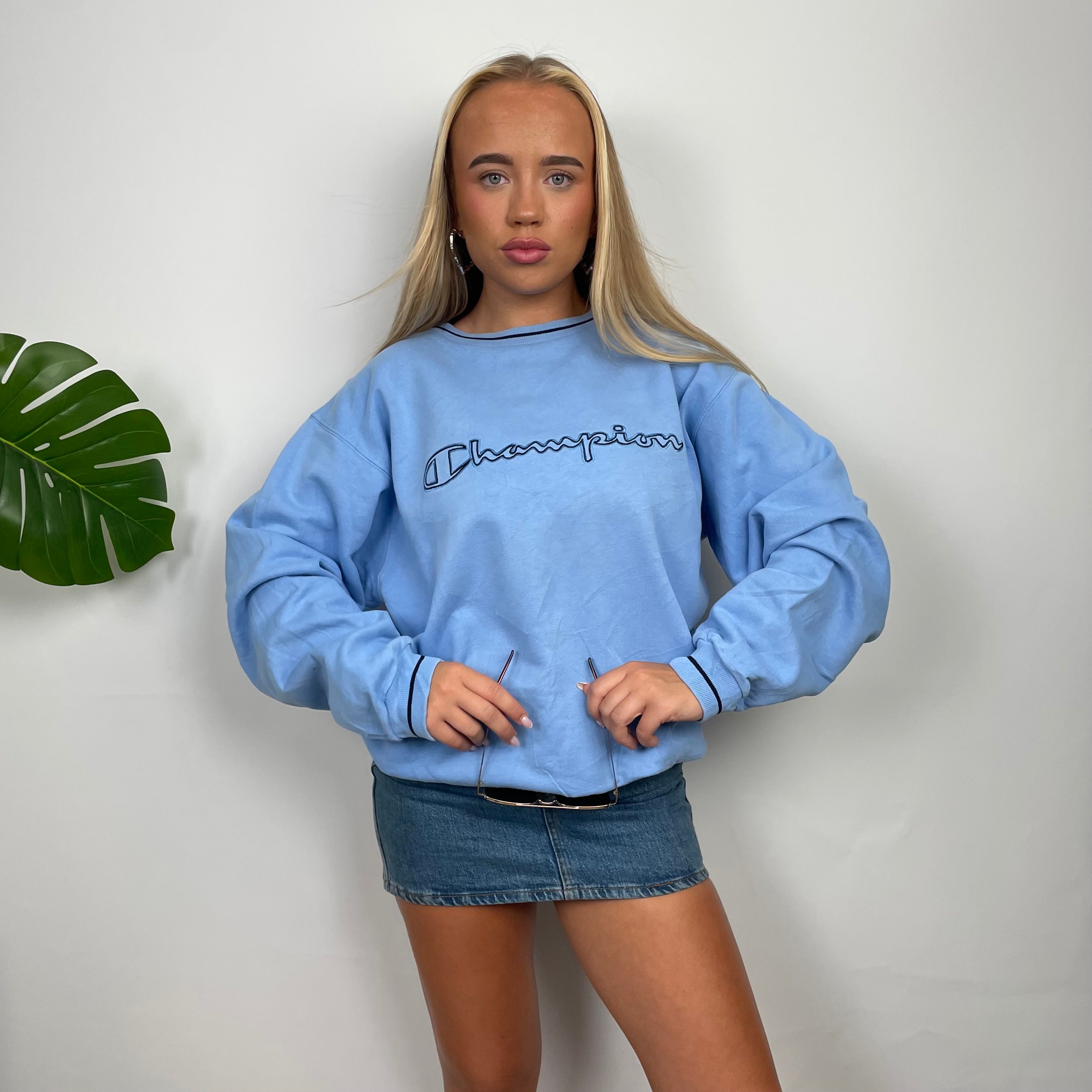 Champion Baby Blue Embroidered Spell Out Sweatshirt (M)