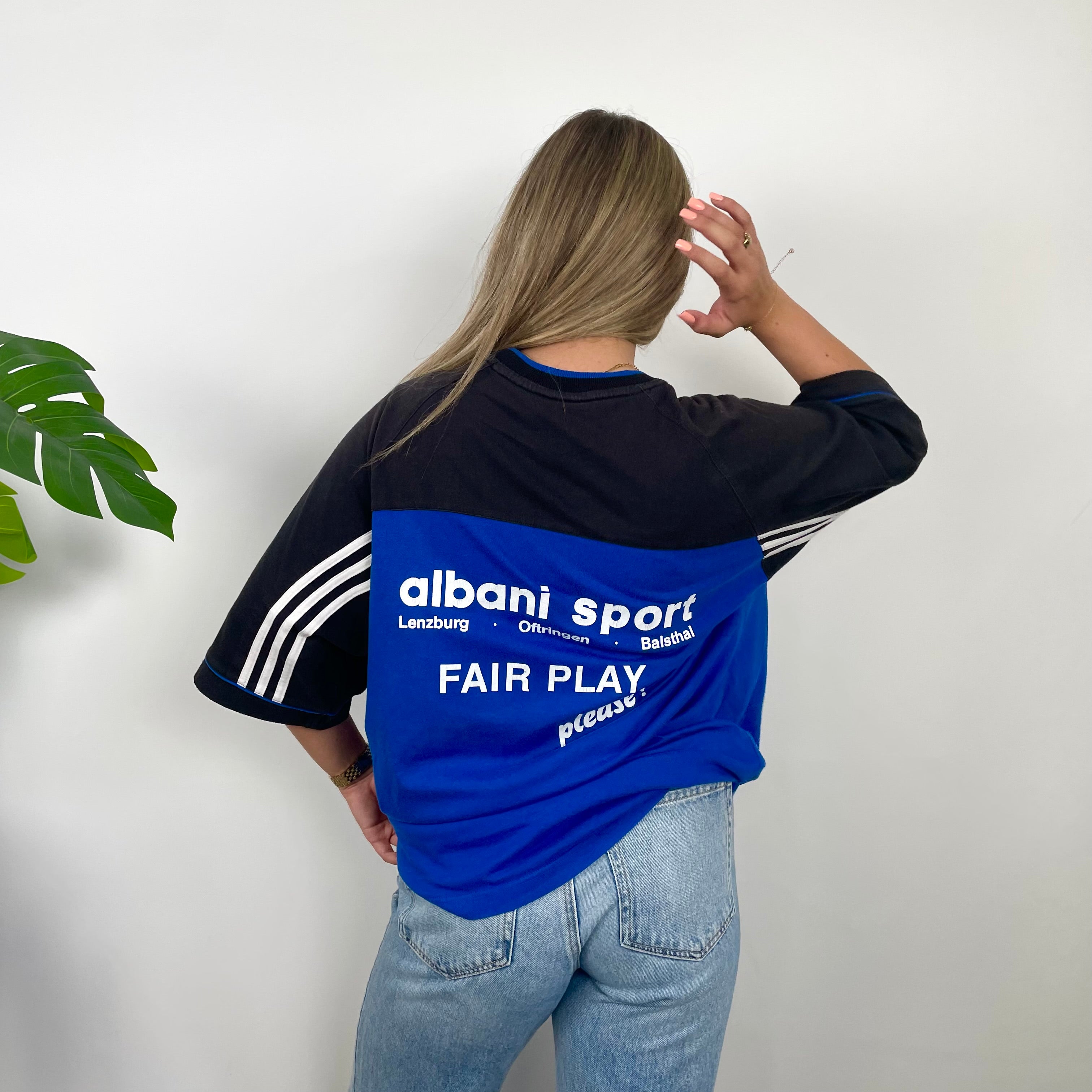 Adidas RARE Black & Blue Embroidered Spell Out T Shirt (XL)