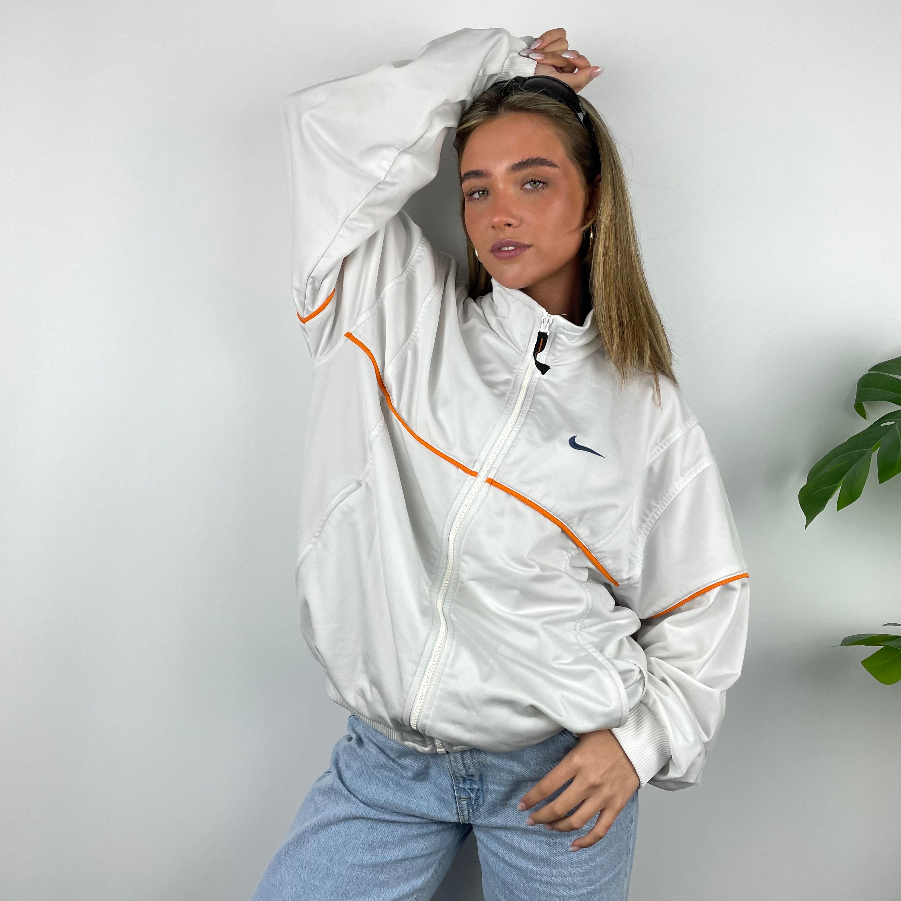 Nike RARE White Embroidered Spell Out Zip Up Track Jacket (L)