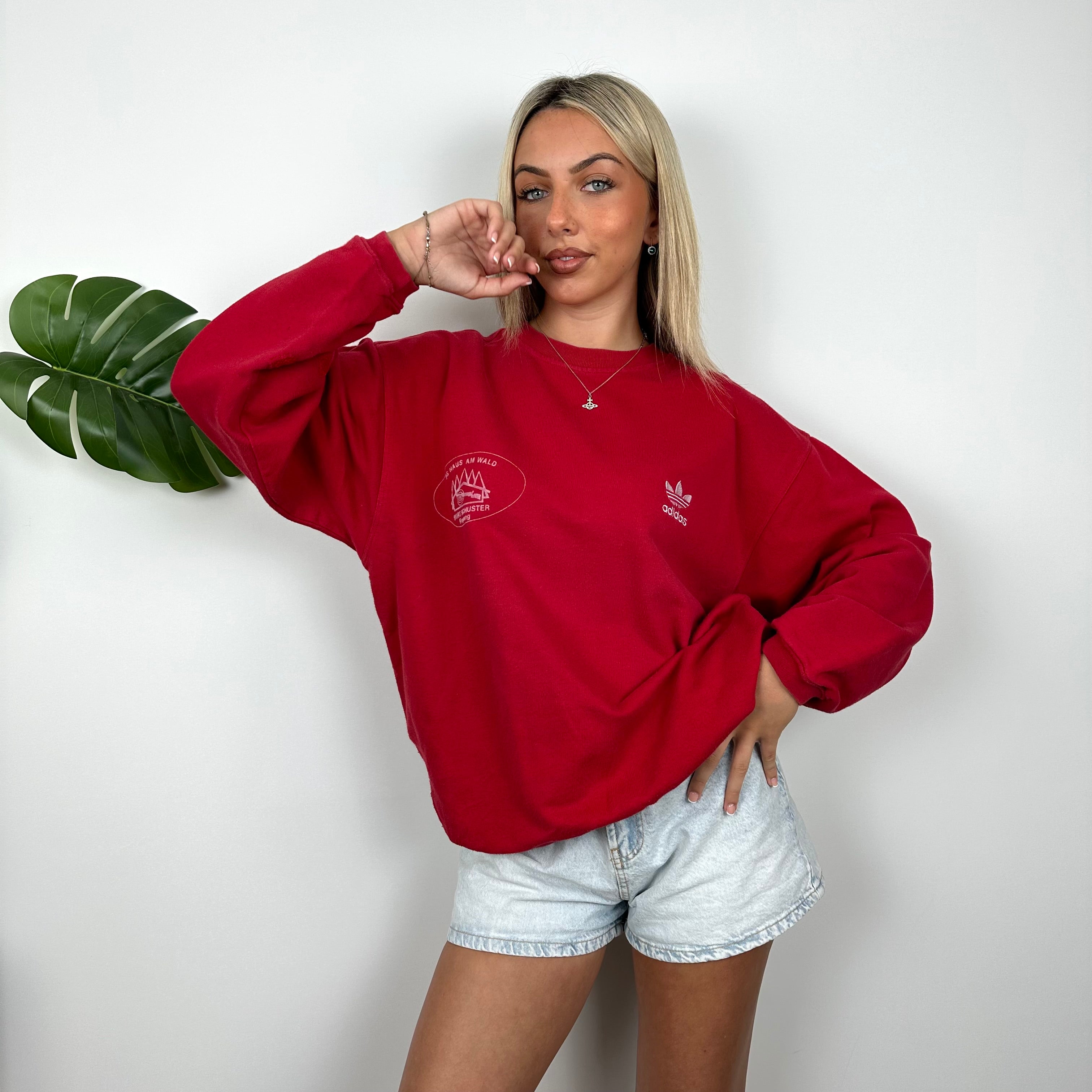 Adidas Red Embroidered Spell Out Sweatshirt (M)