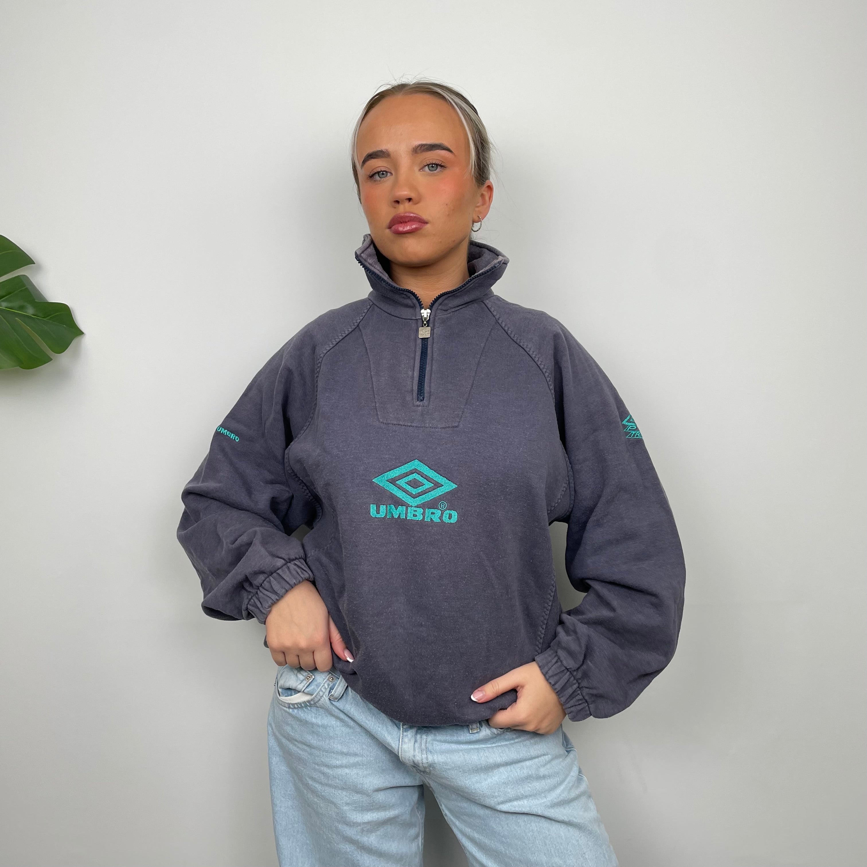 Umbro RARE Navy Embroidered Spell Out Quarter Zip Sweatshirt (L)