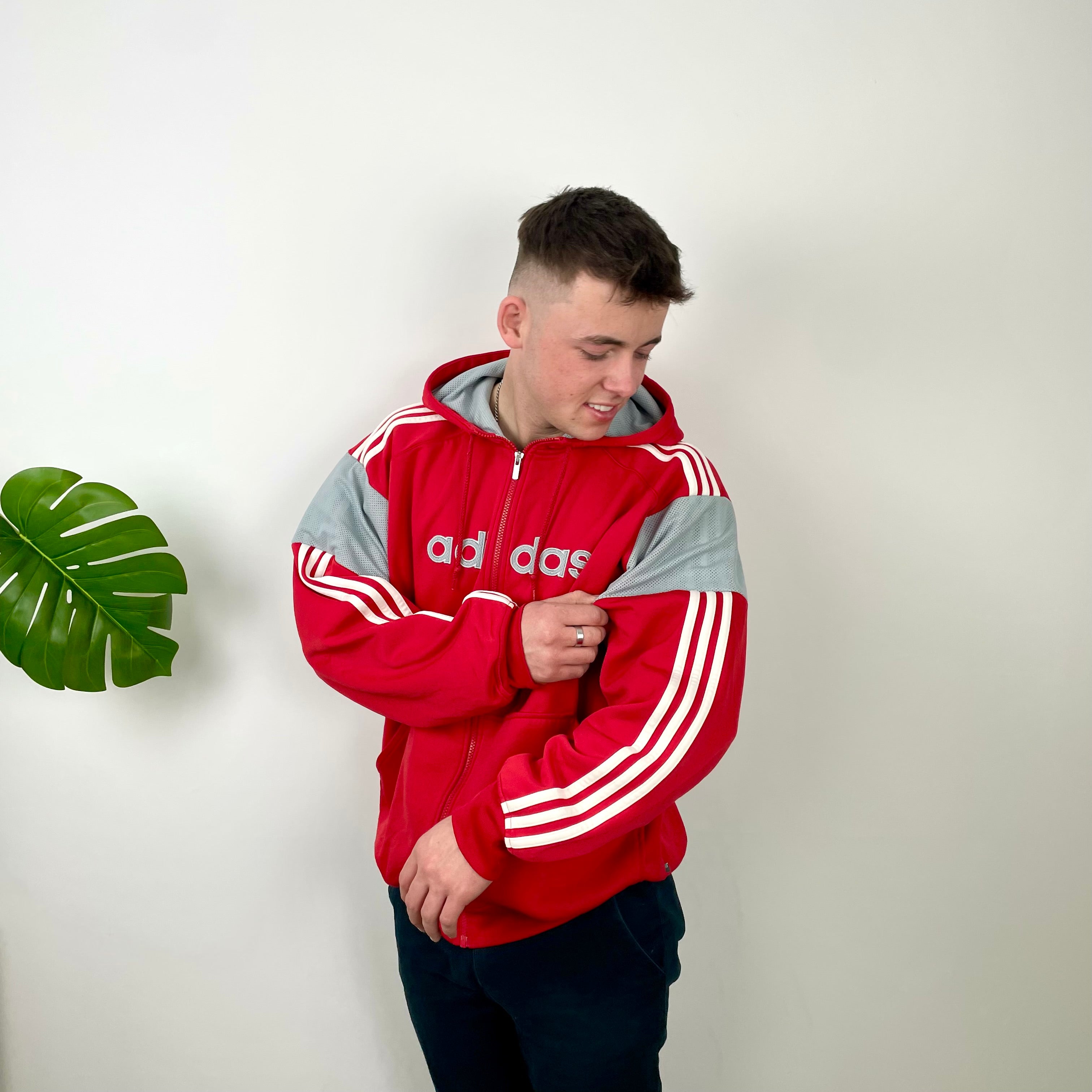 Adidas Red  Embroidered Spell Out Zip Up Hoodie Jacket (L)