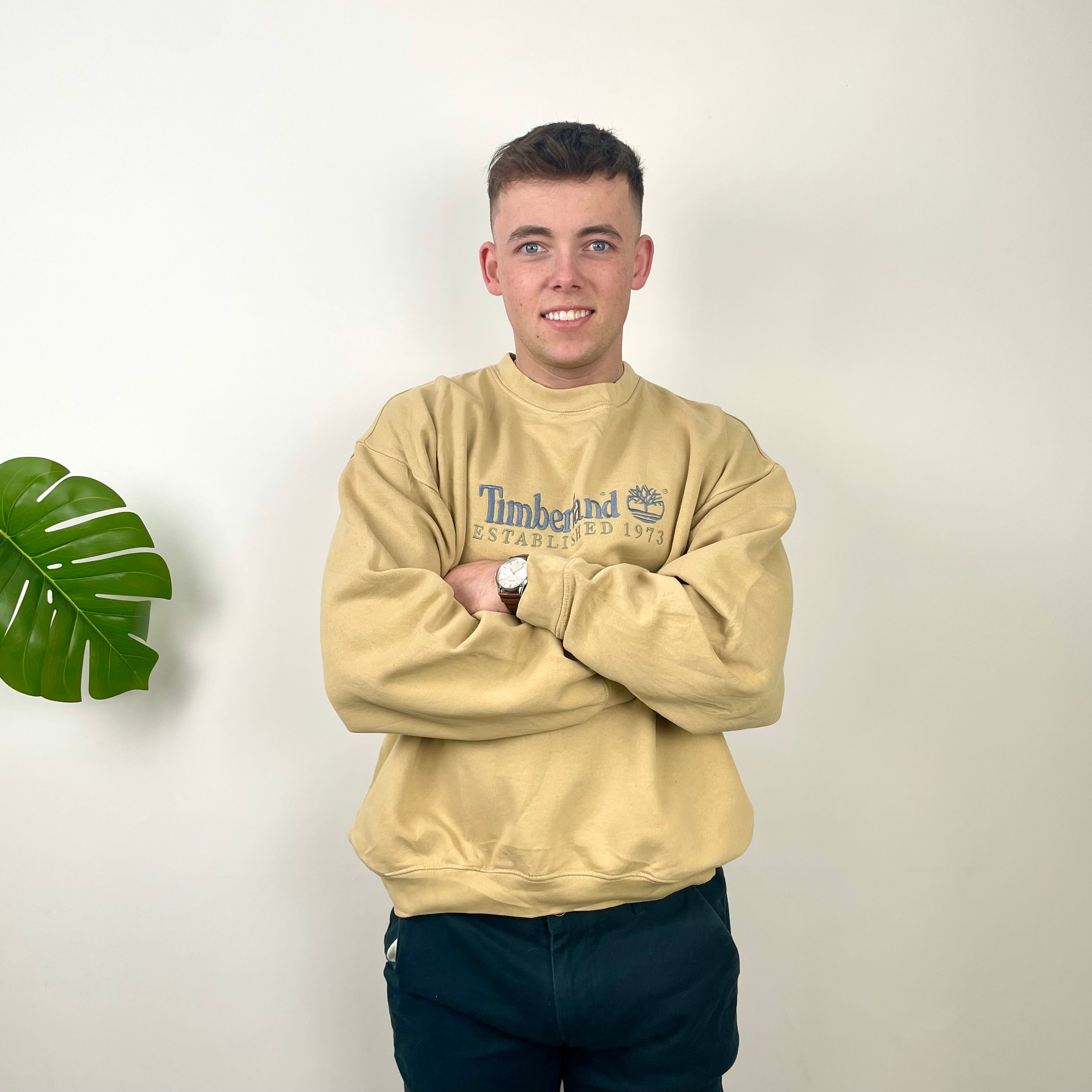 Timberland RARE Beige Embroidered Spell Out Sweatshirt (L)