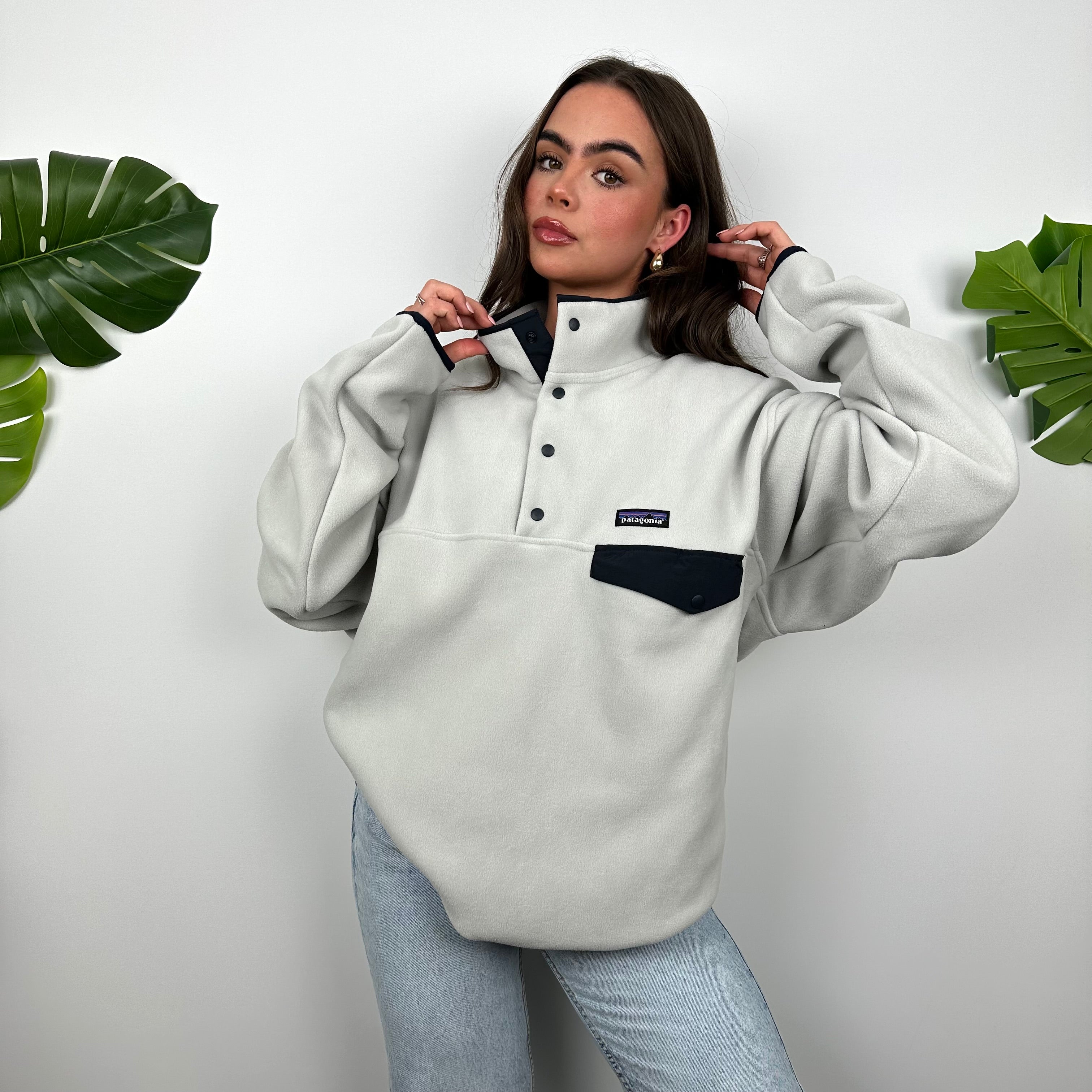 Patagonia Grey Embroidered Spell Out Teddy Bear Fleece Sweatshirt (L)