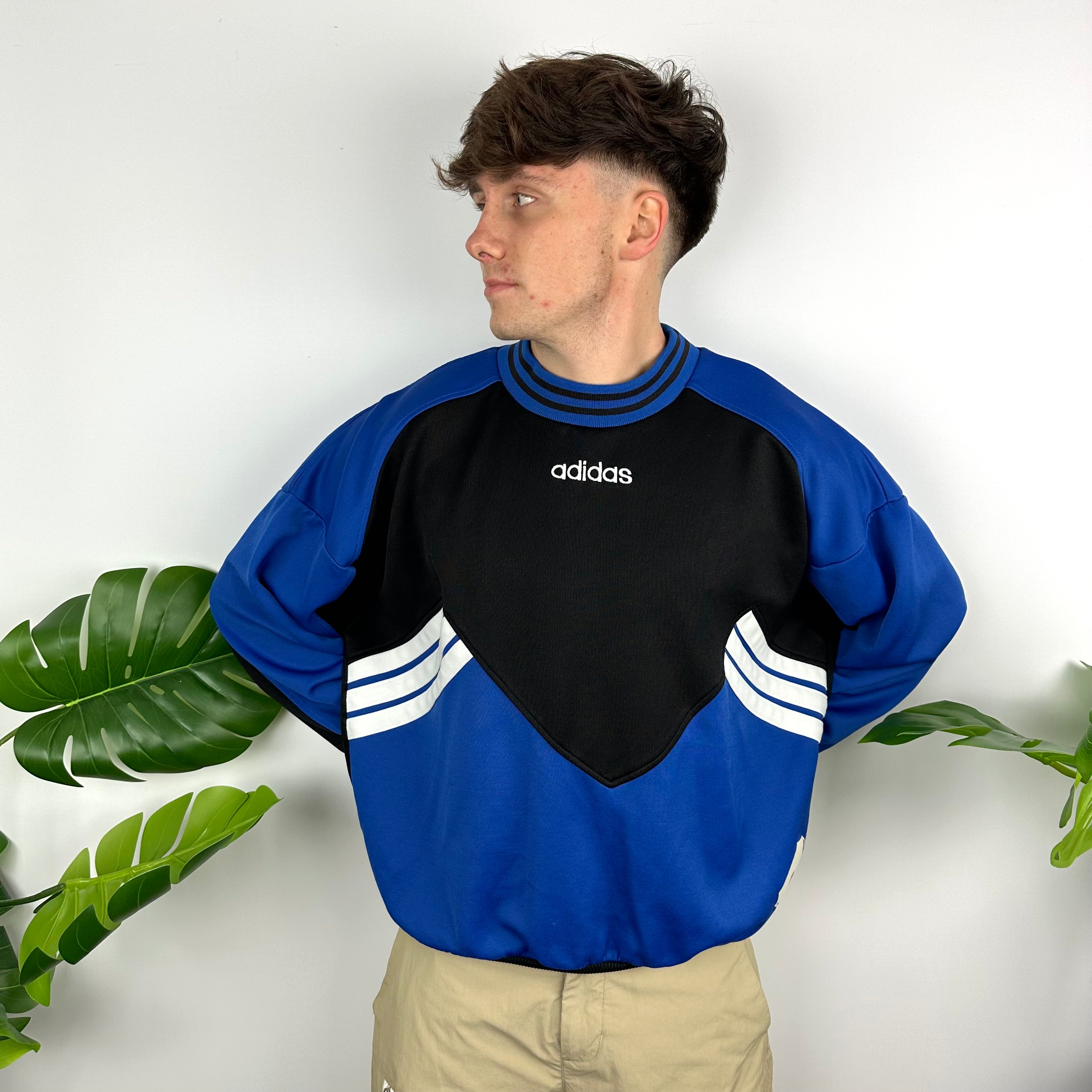 Adidas Black & Blue Embroidered Spell Out Colour Block Sweatshirt (M)