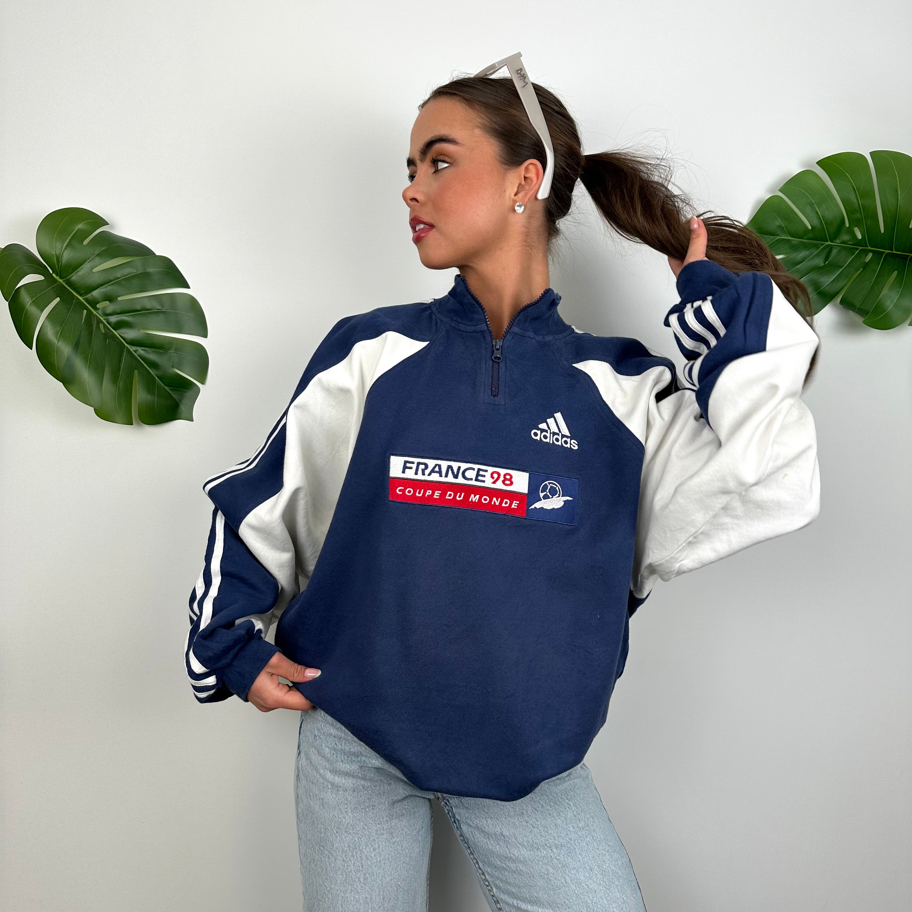 Adidas x Football World Cup France 1998 RARE Navy Embroidered Spell Out Quarter Zip Sweatshirt (M)