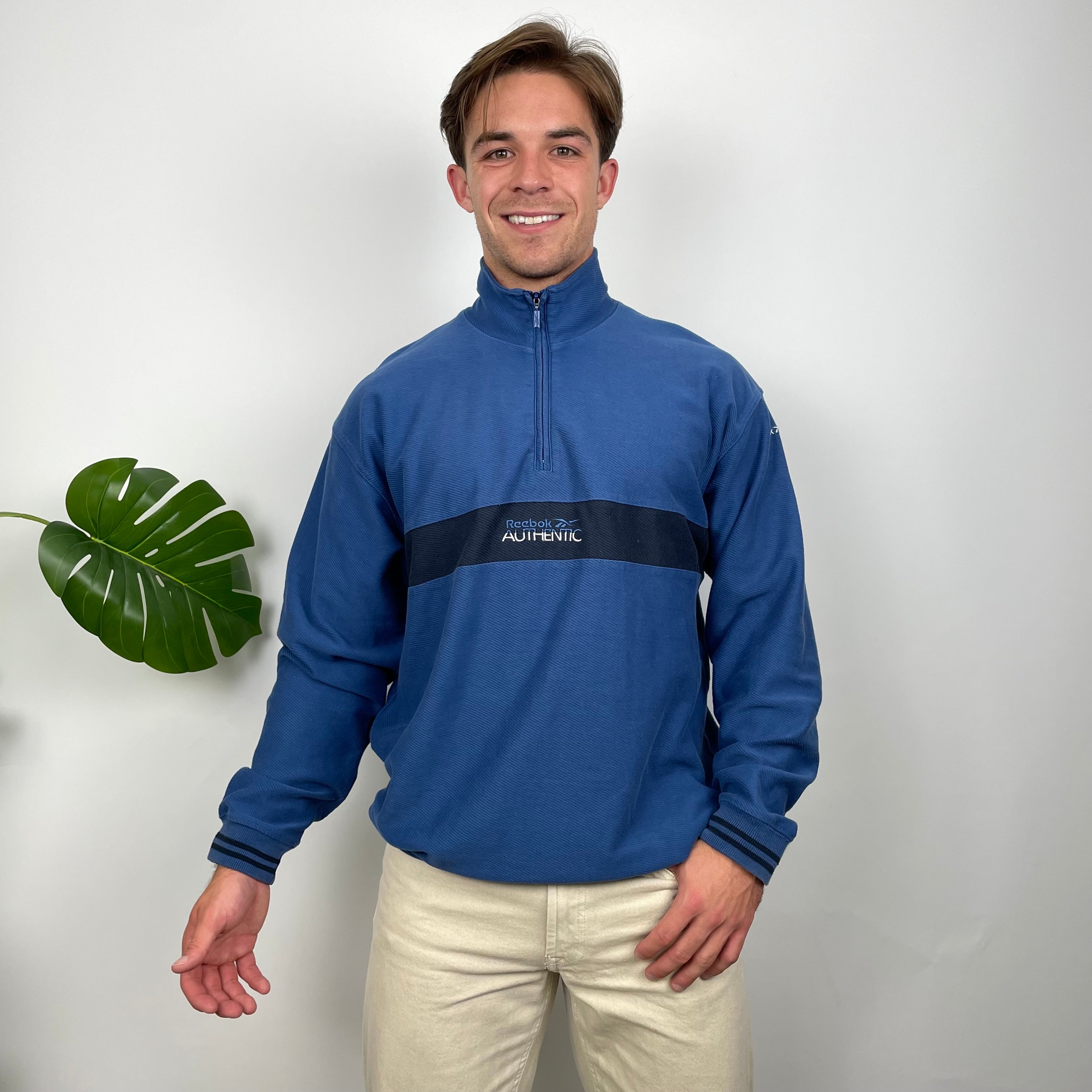 Reebok Blue Embroidered Spell Out Quarter Zip Sweatshirt (M)