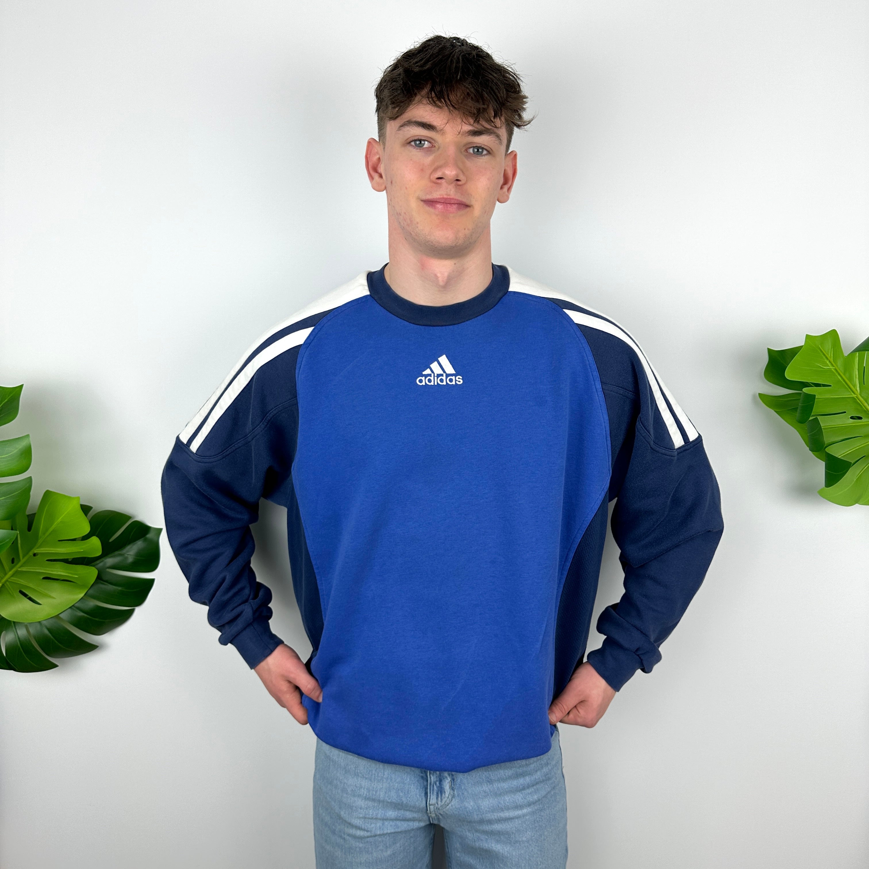 Adidas Blue Embroidered Spell Out Sweatshirt (XL)