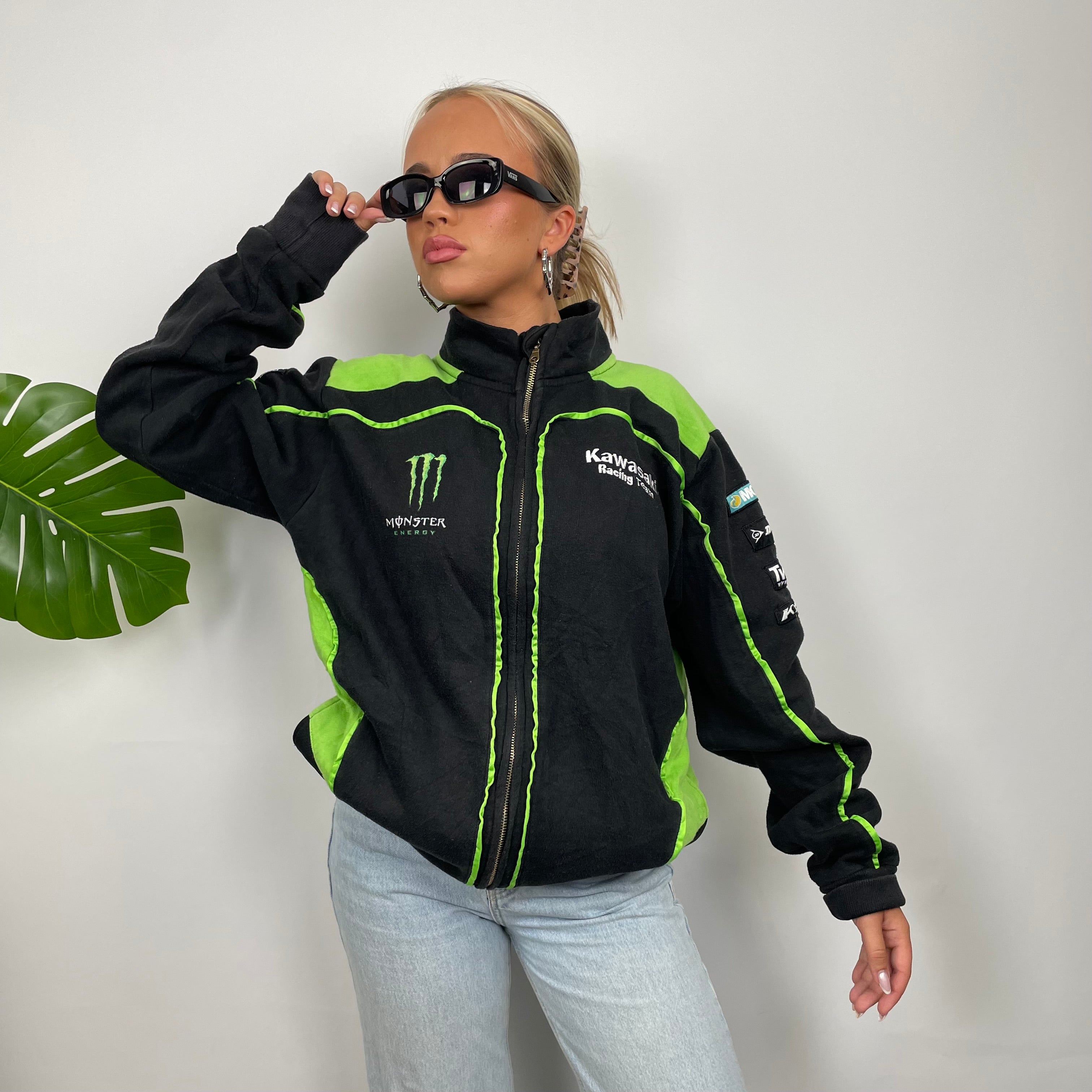 Monster Energy Racing Team Black Embroidered Spell Out Zip Up Hoodie Jacket (L)