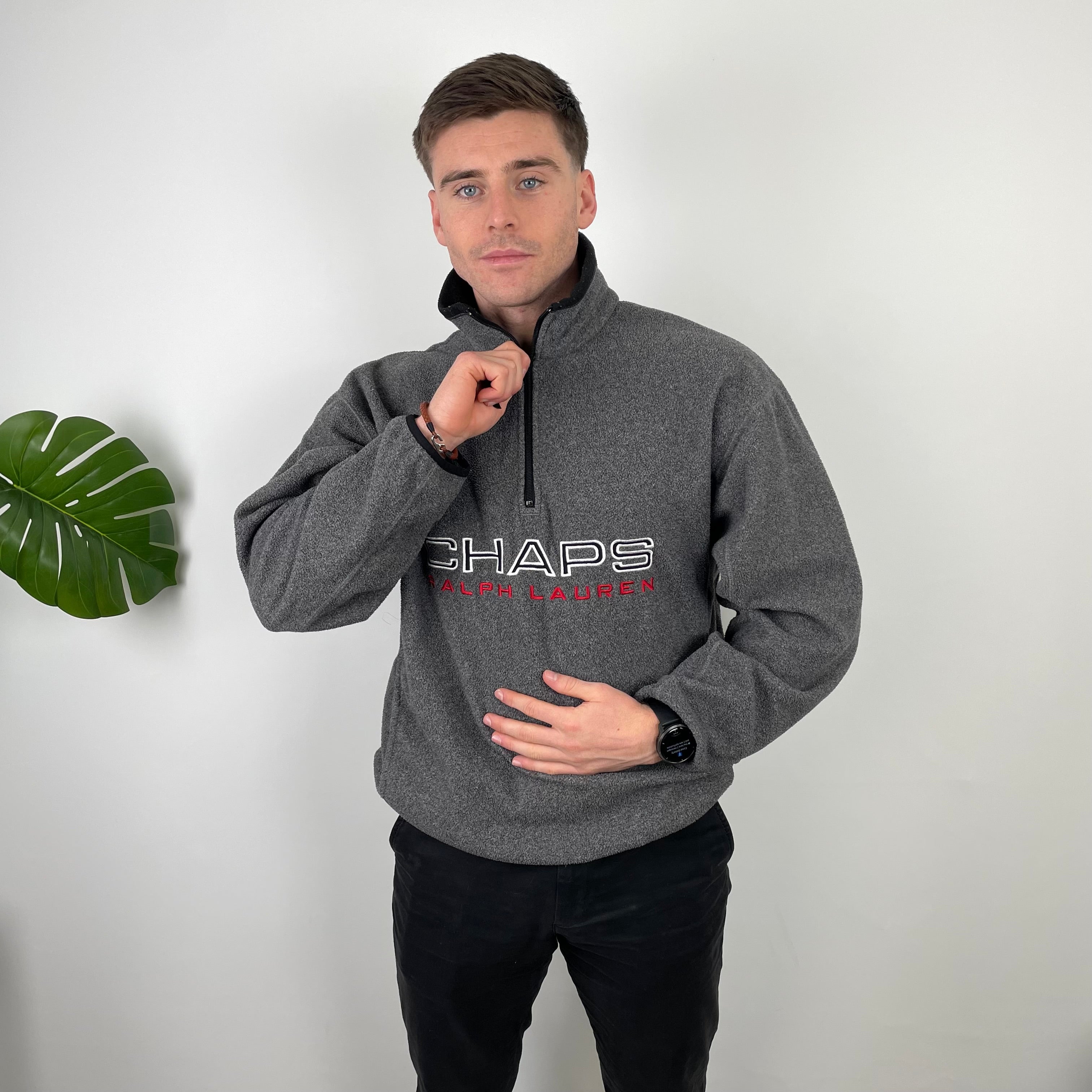 Chaps Ralph Lauren Grey Embroidered Spell Out Teddy Bear Fleece Quarter Zip Sweatshirt (L)