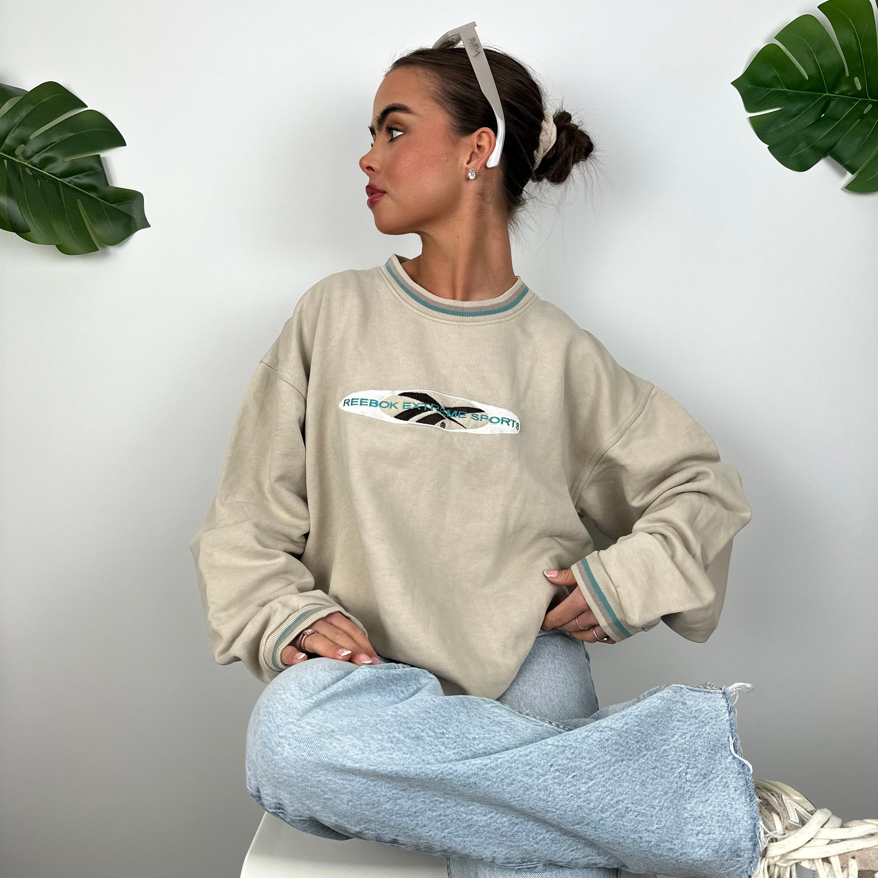 Reebok Tan Beige Embroidered Spell Out Sweatshirt (M)