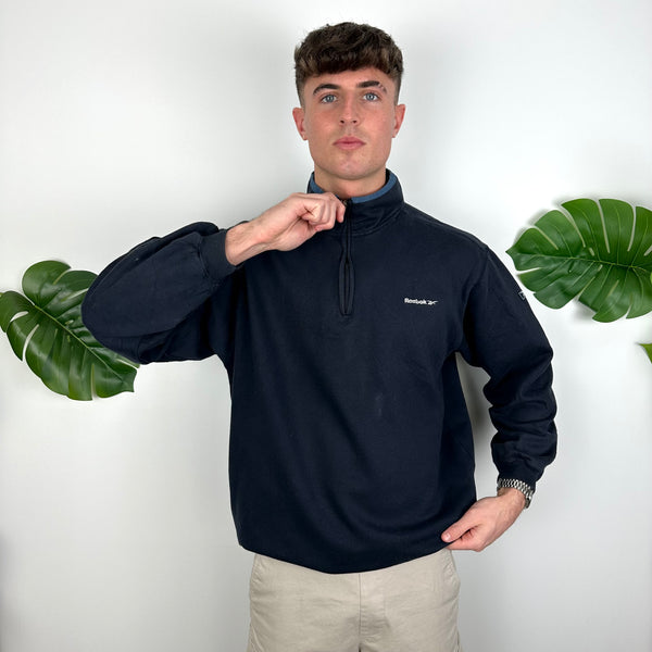 Reebok Navy Embroidered Spell Out Quarter Zip Sweatshirt (M)