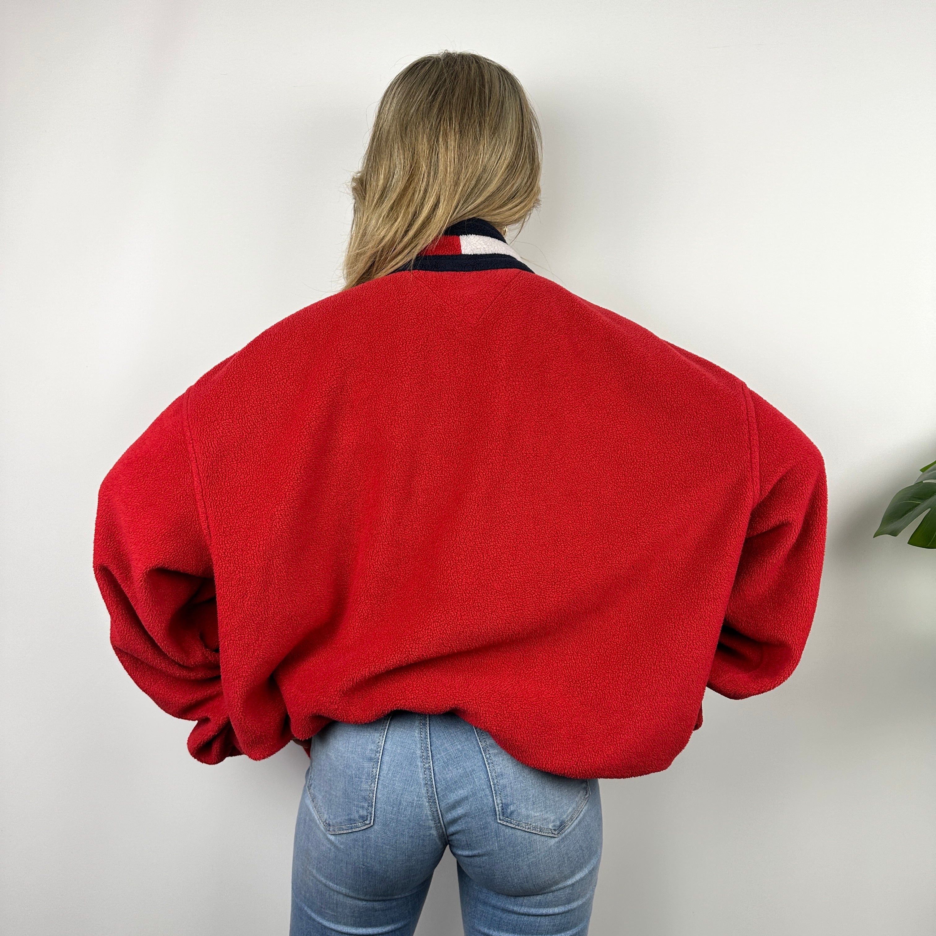 Tommy Hilfiger Red Embroidered Spell Out Teddy Bear Fleece Quarter Zip Sweatshirt (XXL)