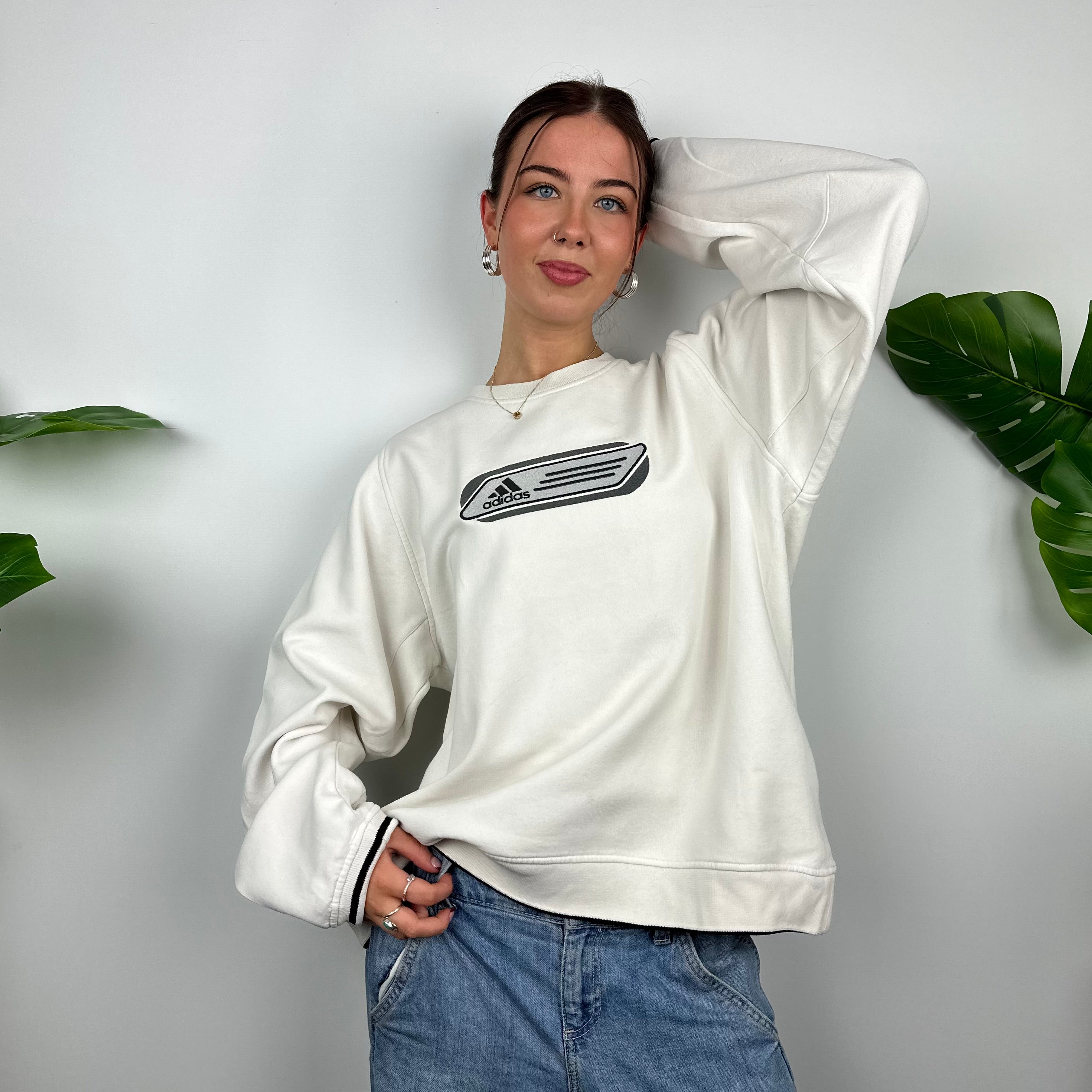 Adidas White Embroidered Spell Out Sweatshirt (L)