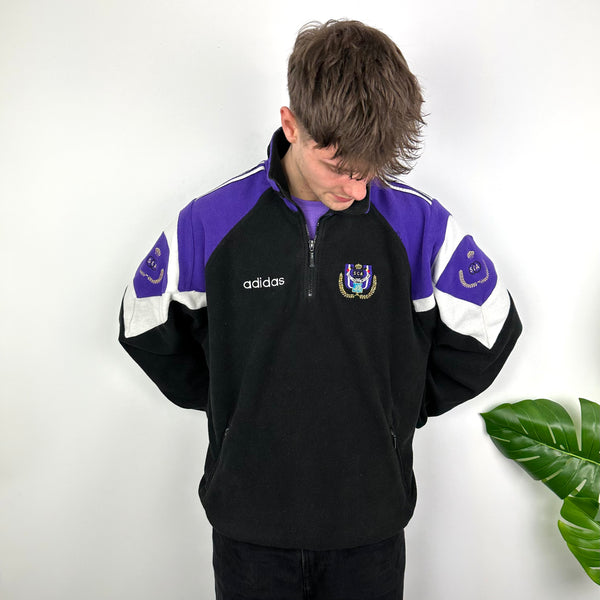 Adidas x R.S.C. Anderlecht Black & Purple Embroidered Spell Out Teddy Bear Fleece Quarter Zip Sweatshirt (L)