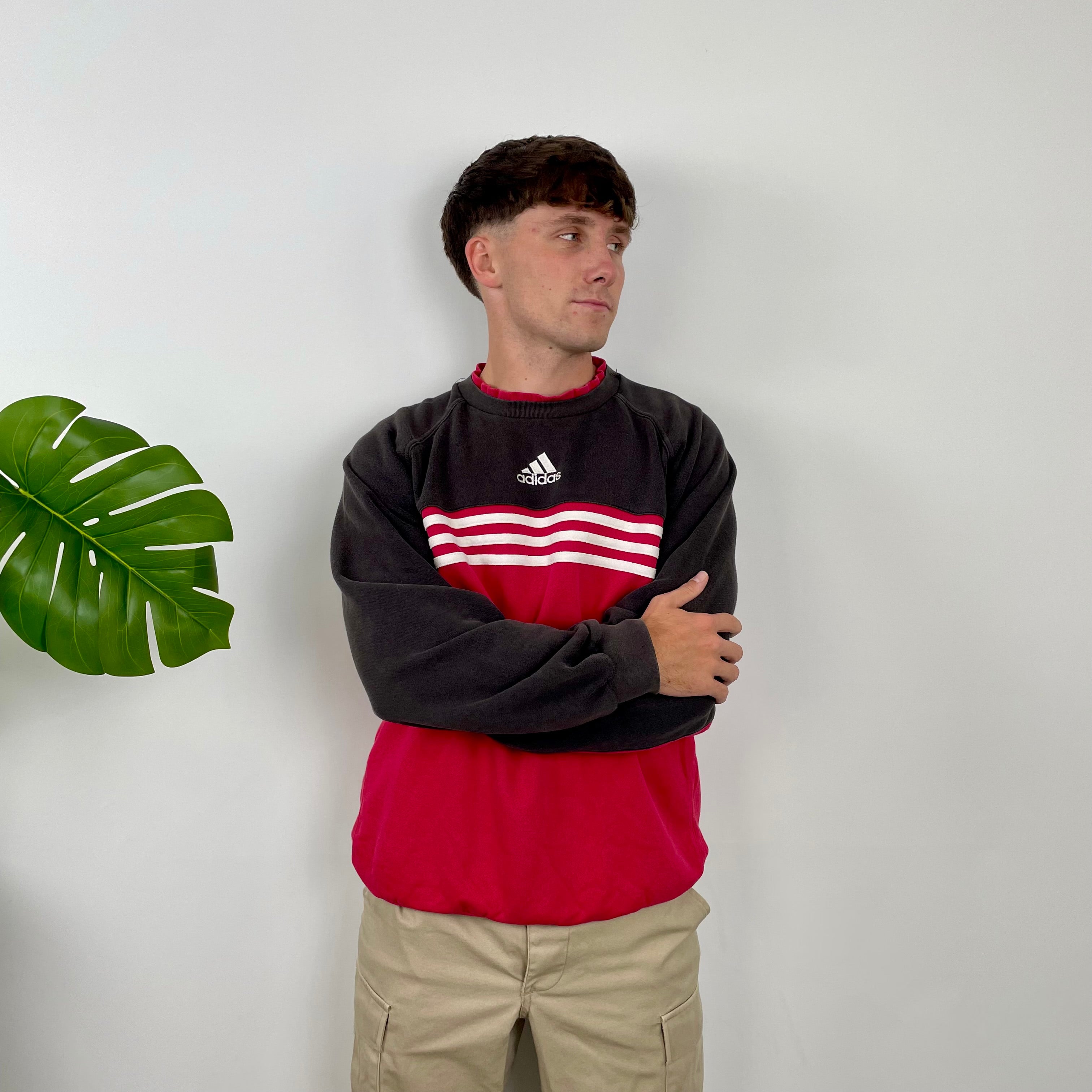 Adidas Red & Black Embroidered Spell Out Colour Block Sweatshirt (L)