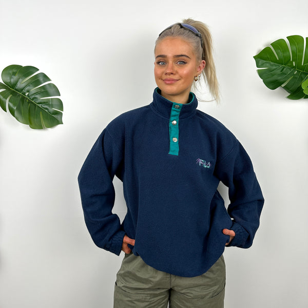 FILA Navy Embroidered Spell Out Teddy Bear Fleece Quarter Sweatshirt (M)