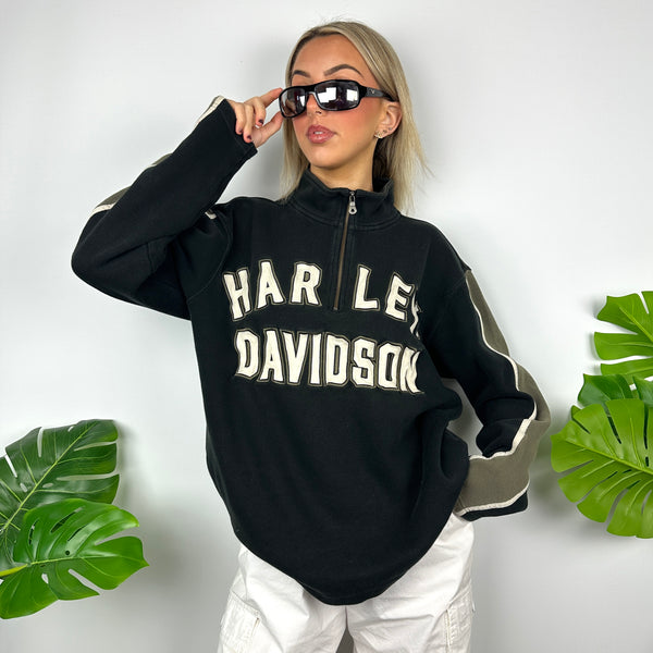 Harley Davidson Black Embroidered Spell Out Quarter Zip Sweatshirt (L)