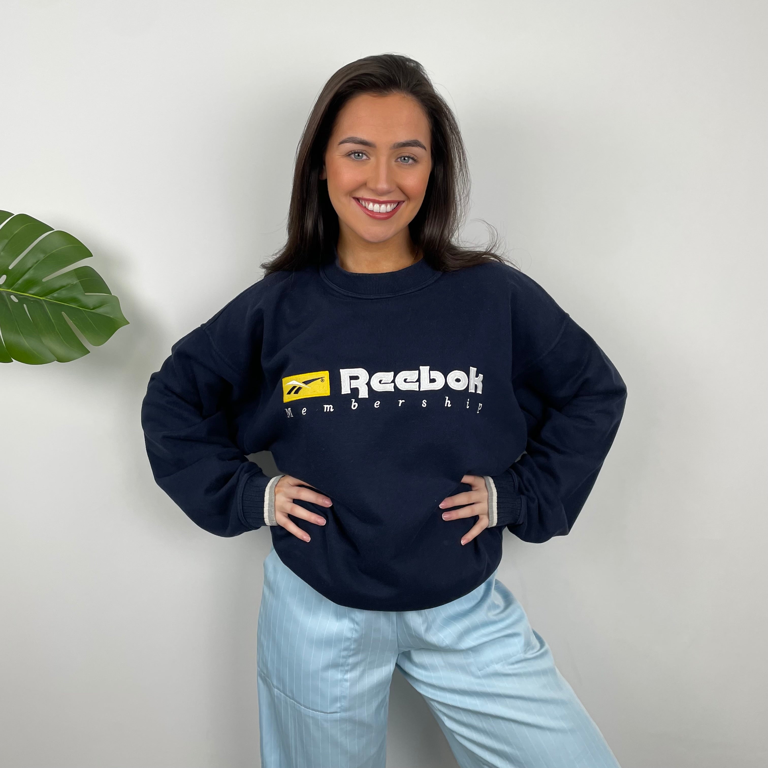 Reebok Membership RARE Navy Embroidered Spell Out Sweatshirt (XL)