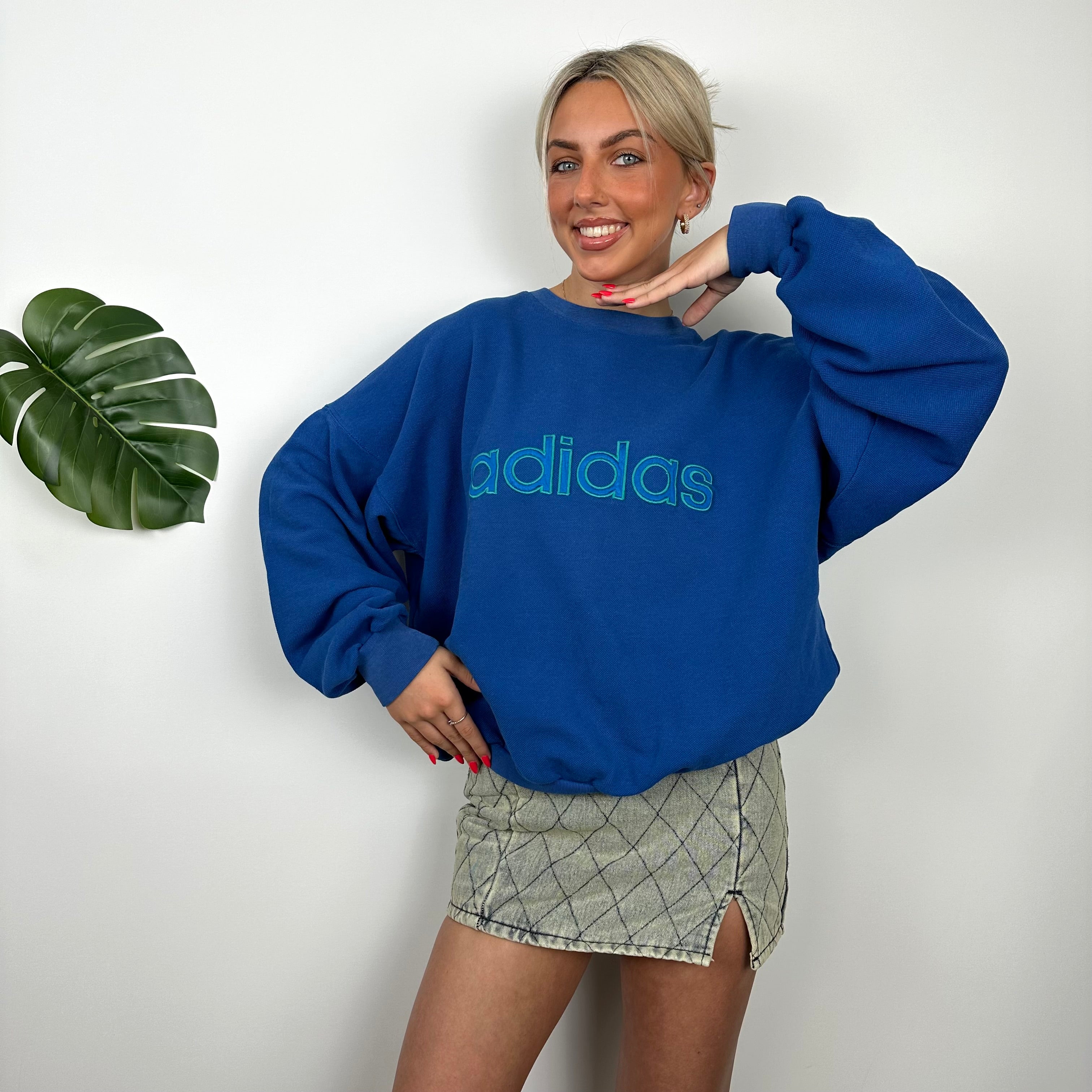 Adidas Blue Embroidered Spell Out Sweatshirt (M)