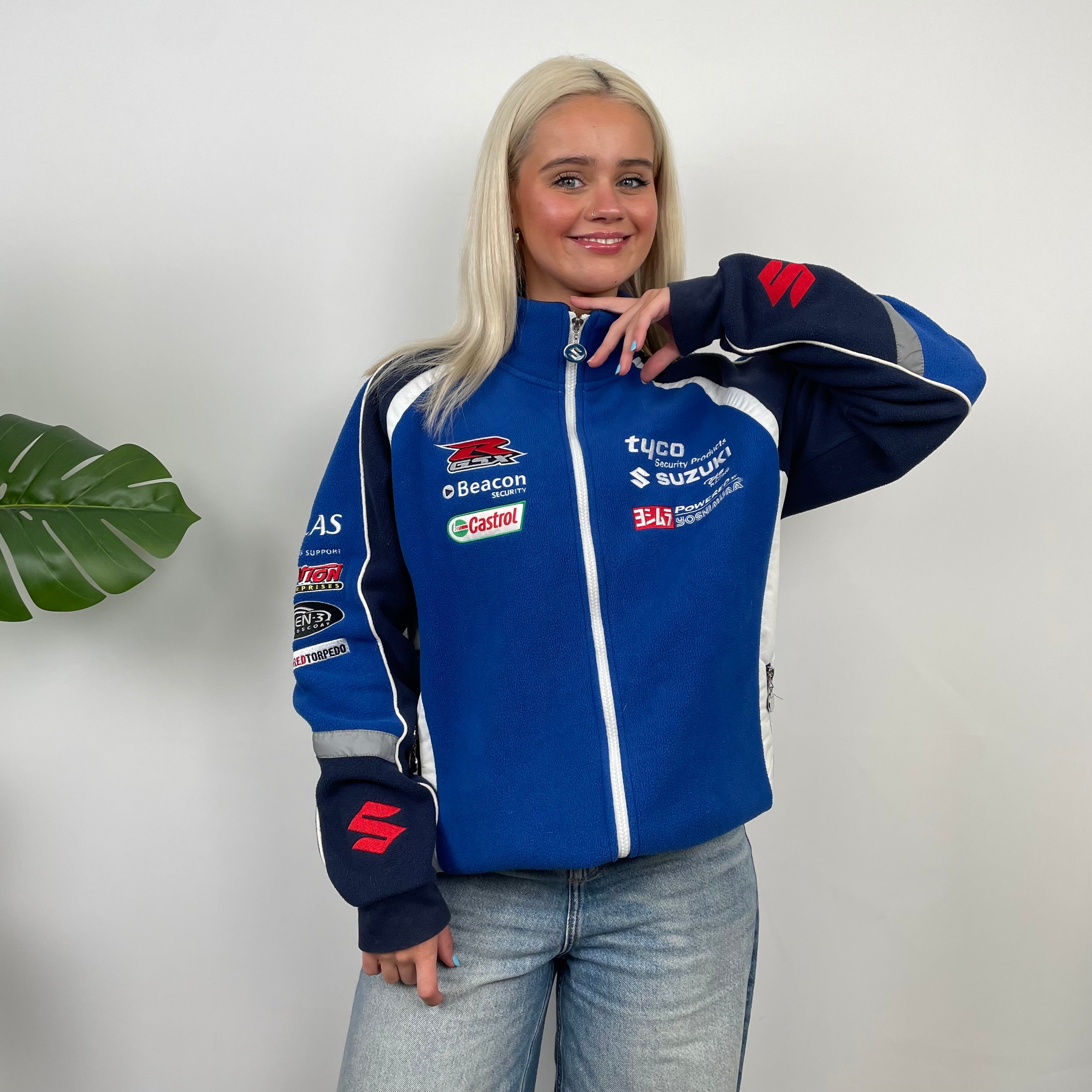 Suzuki Racing Blue Embroidered Spell Out Zip Up Jacket (M)