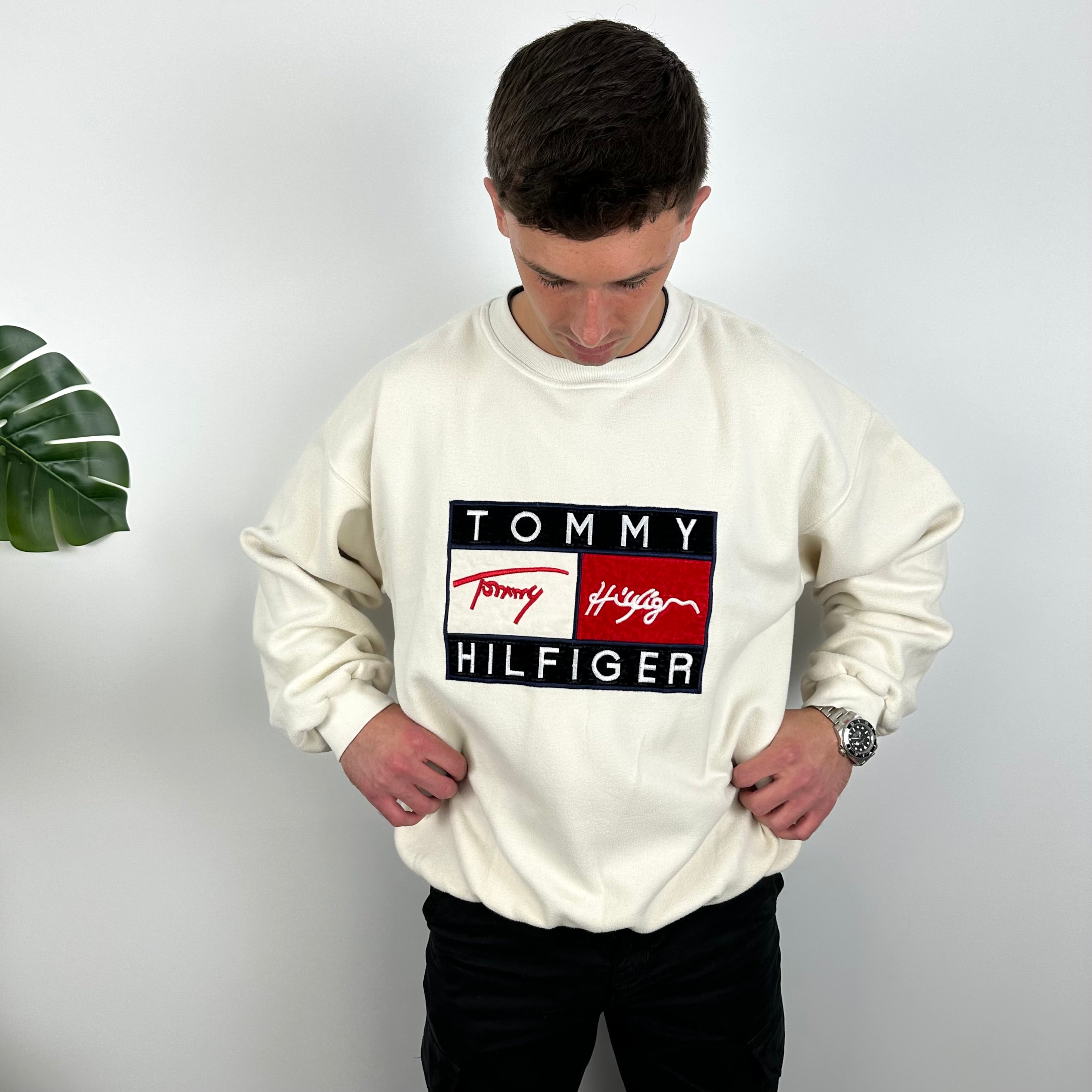 Tommy Hilfiger RARE Cream Embroidered Spell Out Sweatshirt (L)