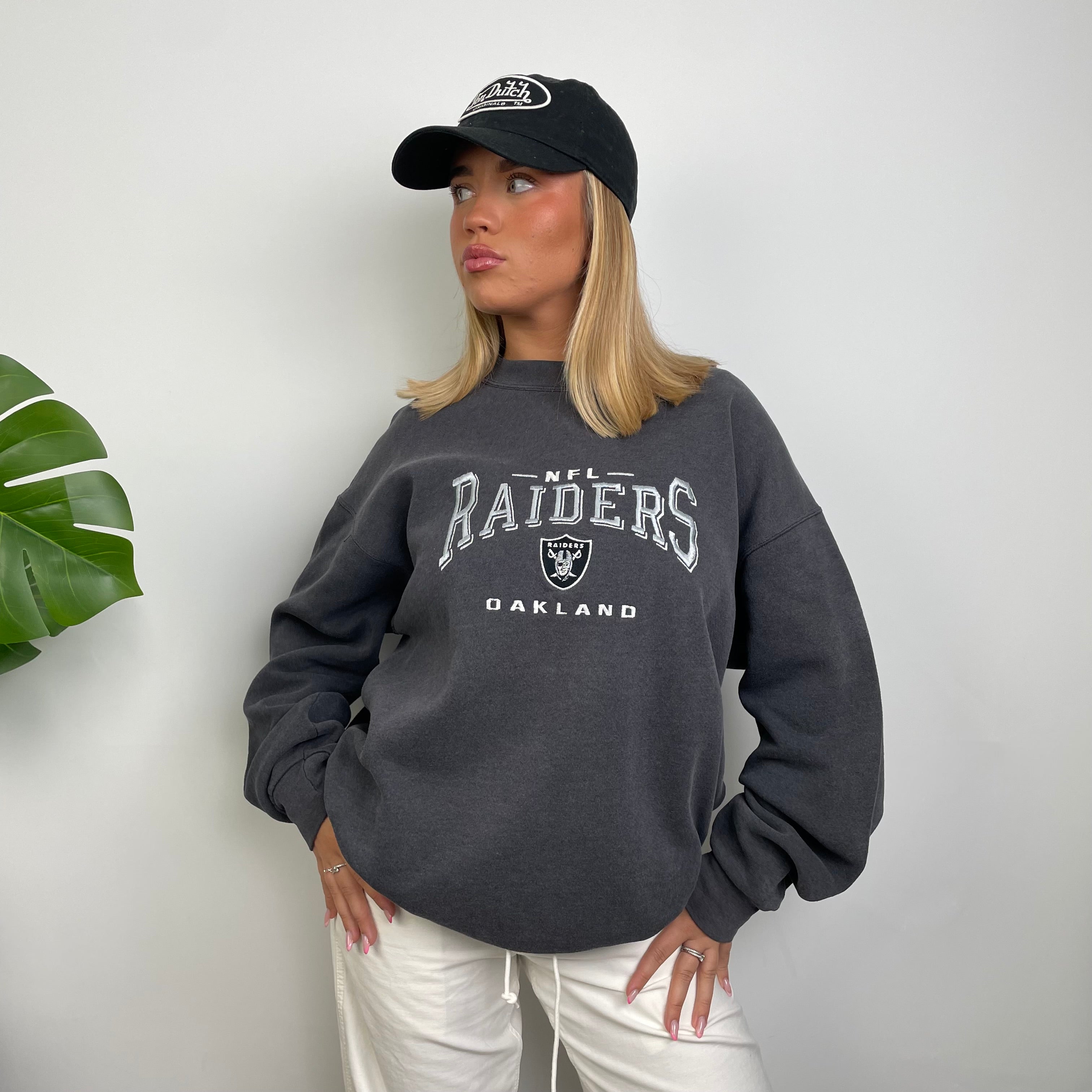 NFL Las Vegas Raiders Grey Embroidered Spell Out Sweatshirt (L)