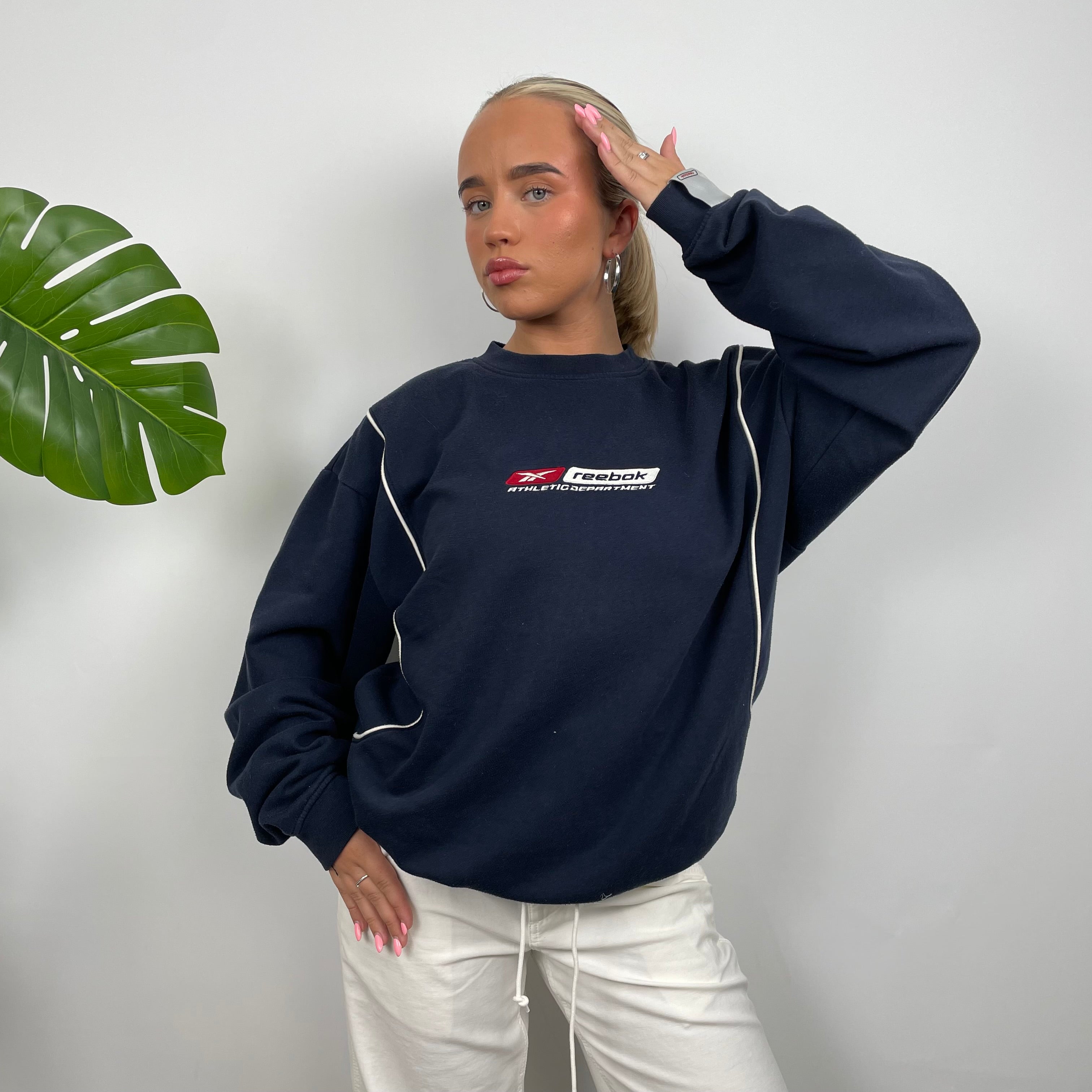 Reebok Navy Embroidered Spell Out Sweatshirt (L)