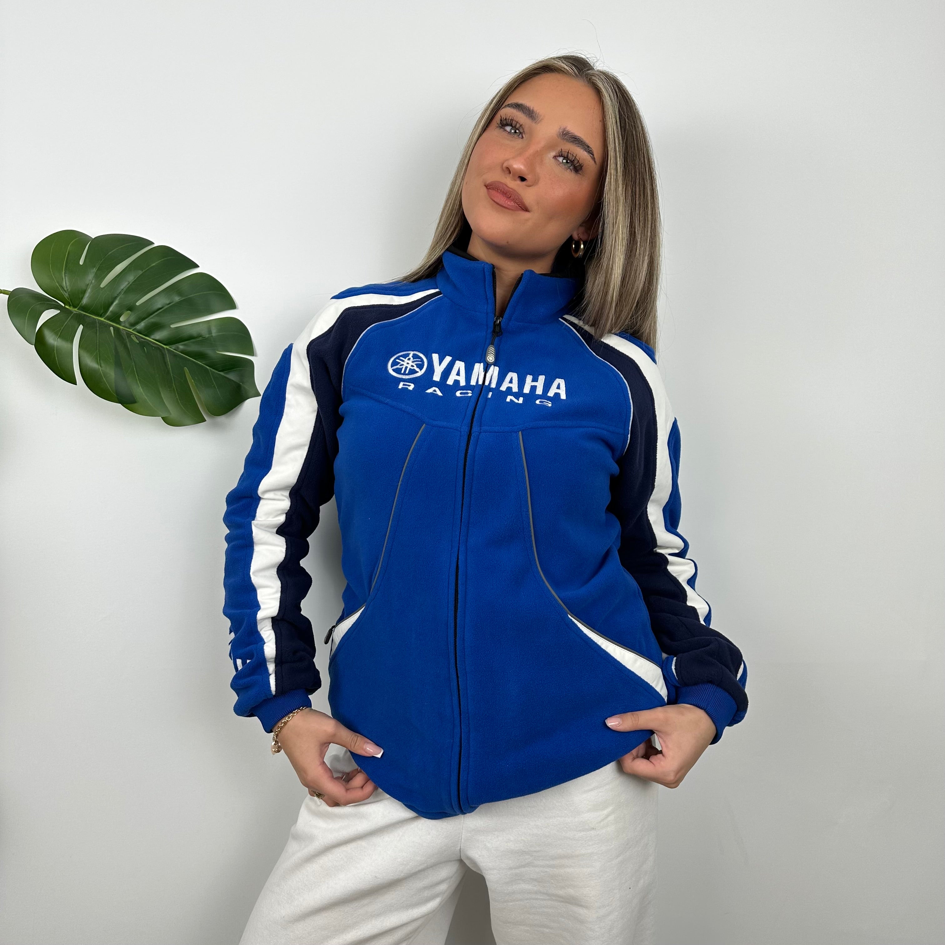Yamaha Racing Team Blue Embroidered Spell Out Zip Up Hoodie Jacket (M)