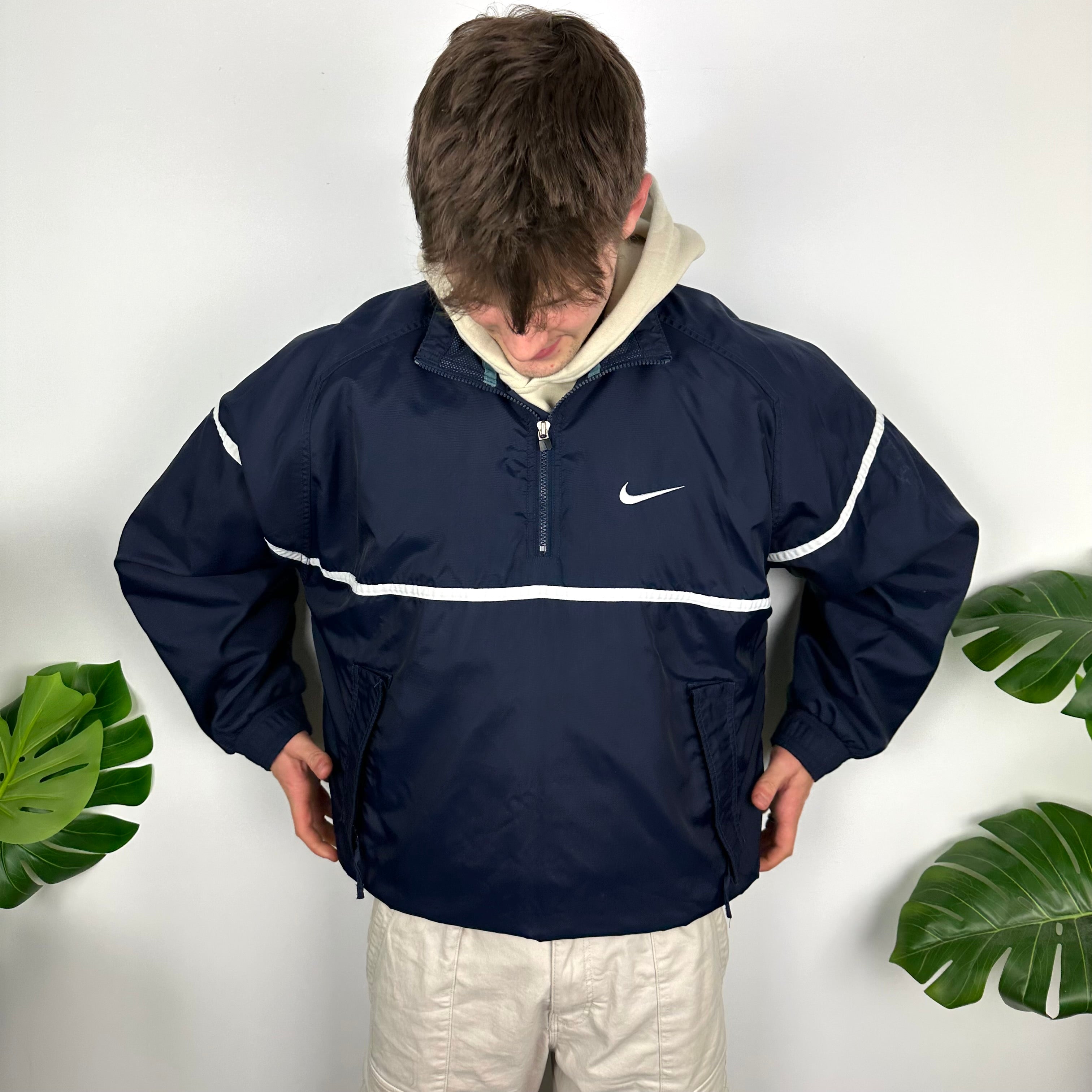 Nike Navy Embroidered Spell Out Quarter Zip Windbreaker Jacket (L)