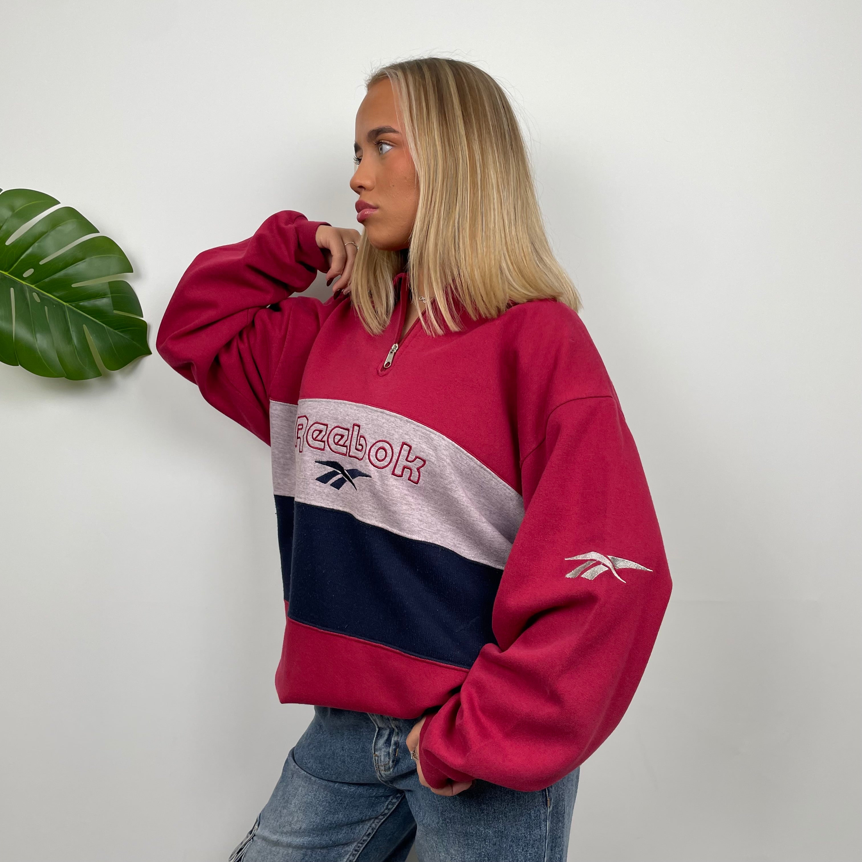 Reebok RARE Red Embroidered Spell Out Quarter Zip Sweatshirt (XXL)