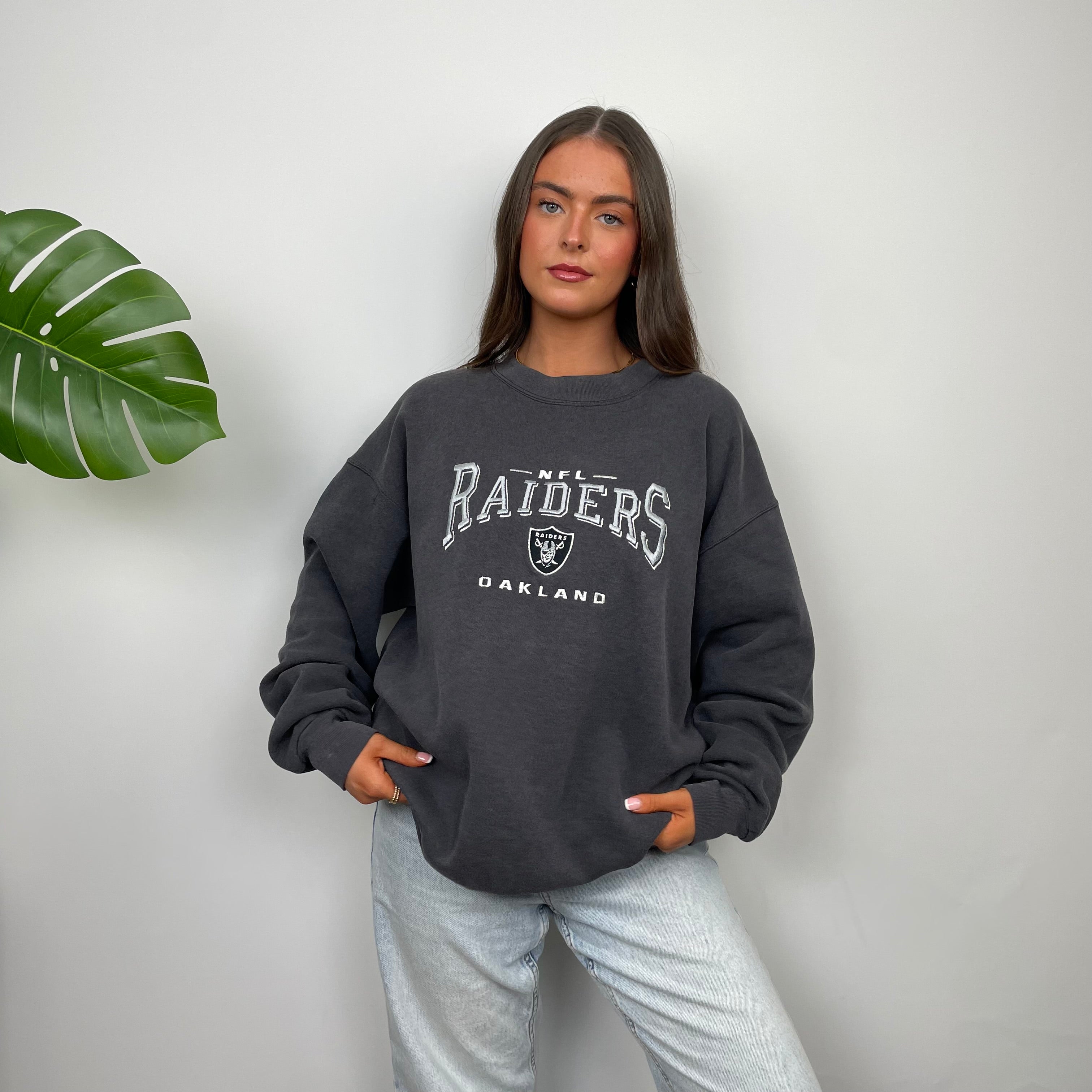 NFL Las Vegas Raiders Grey Embroidered Spell Out Sweatshirt (L)