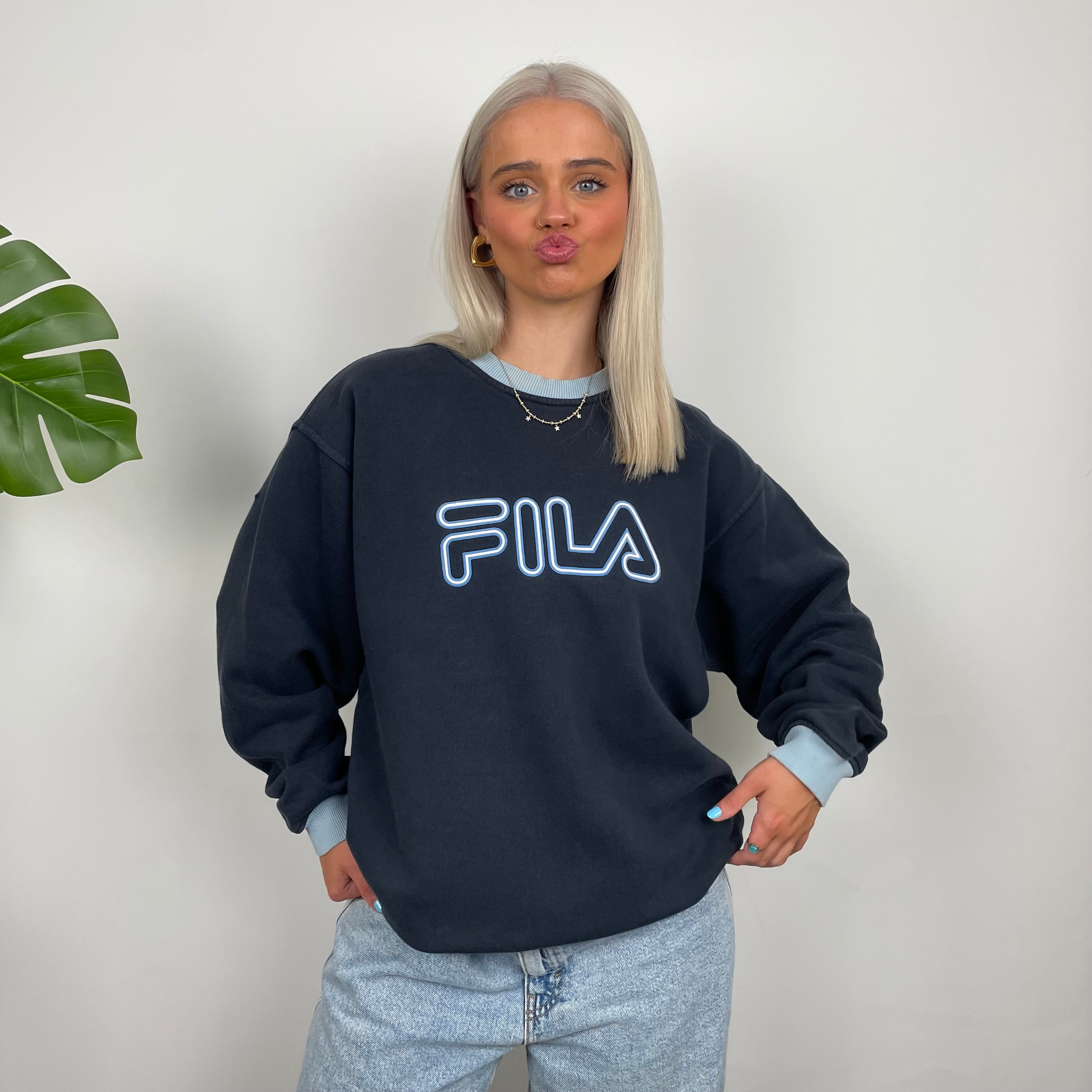 FILA Navy Embroidered Spell Out Sweatshirt (M)