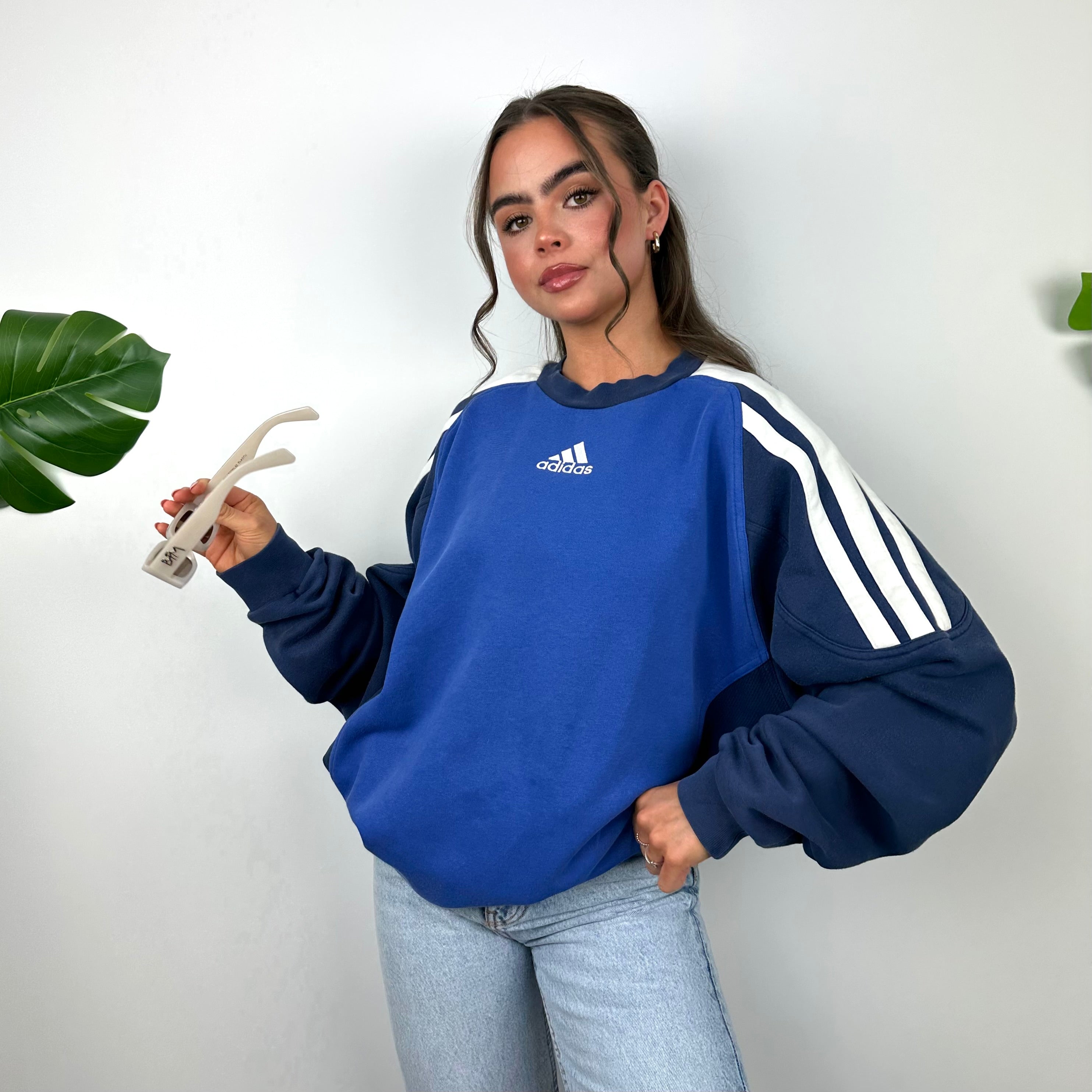 Adidas Blue Embroidered Spell Out Sweatshirt (XL)