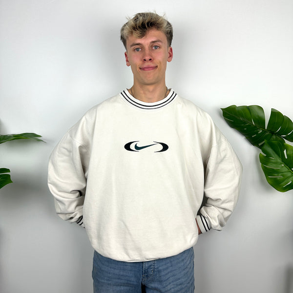 Nike RARE White Embroidered Swoosh Sweatshirt (XL)