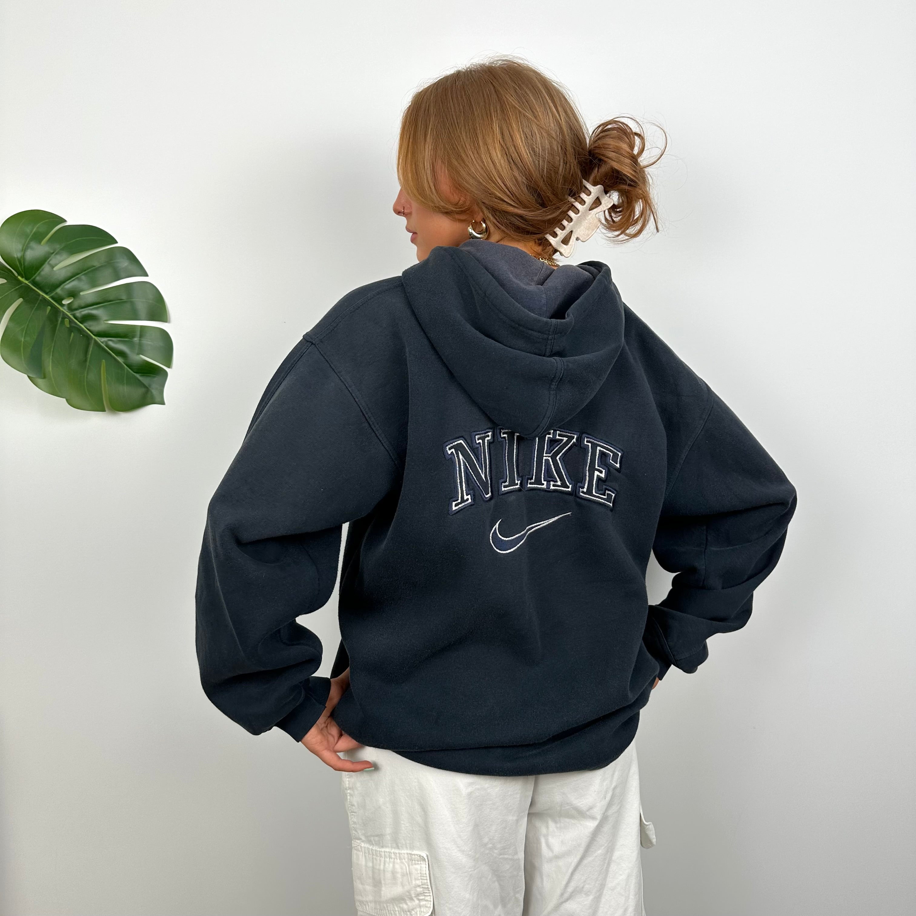 Nike RARE Navy Embroidered Spell out Zip Up Hoodie (M)