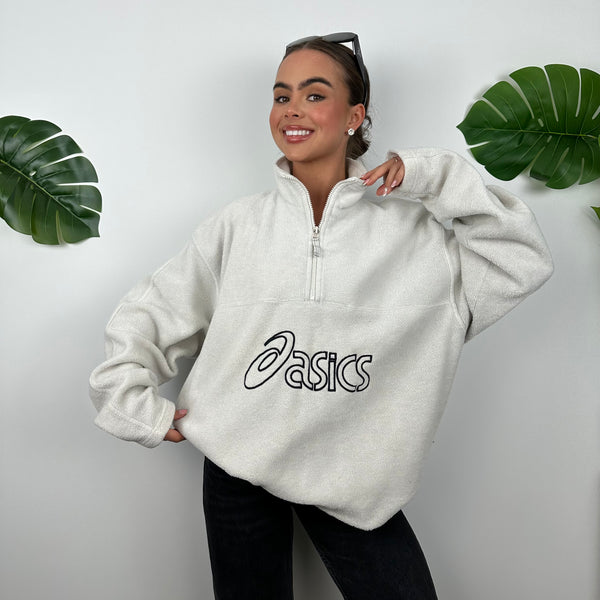 ASICS White Embroidered Spell Out Teddy Bear Fleece Quarter Zip Sweatshirt (L)