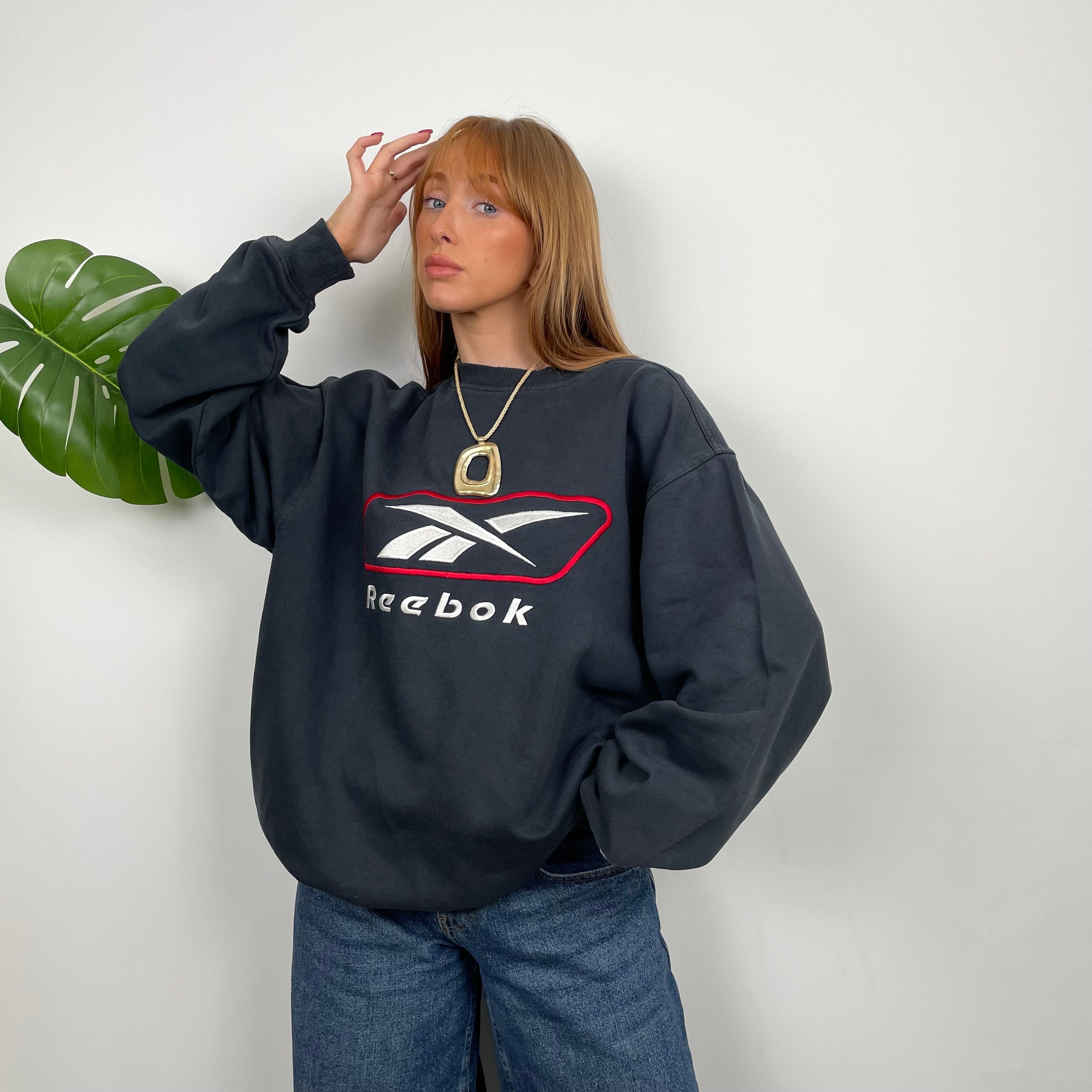 Reebok RARE Black Navy Embroidered Spell Out Sweatshirt