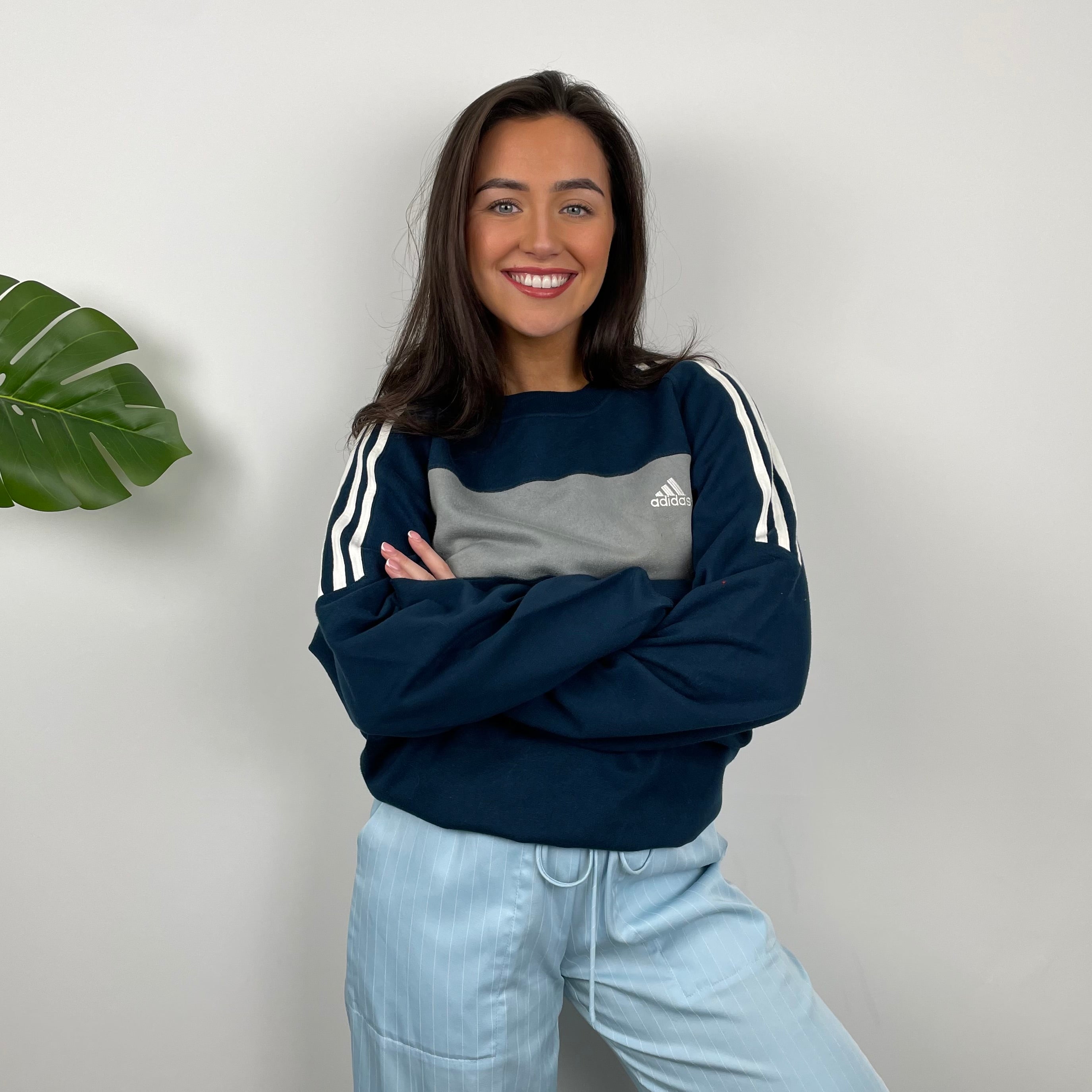 Adidas Grey & Navy Embroidered Spell Out Sweatshirt (L)