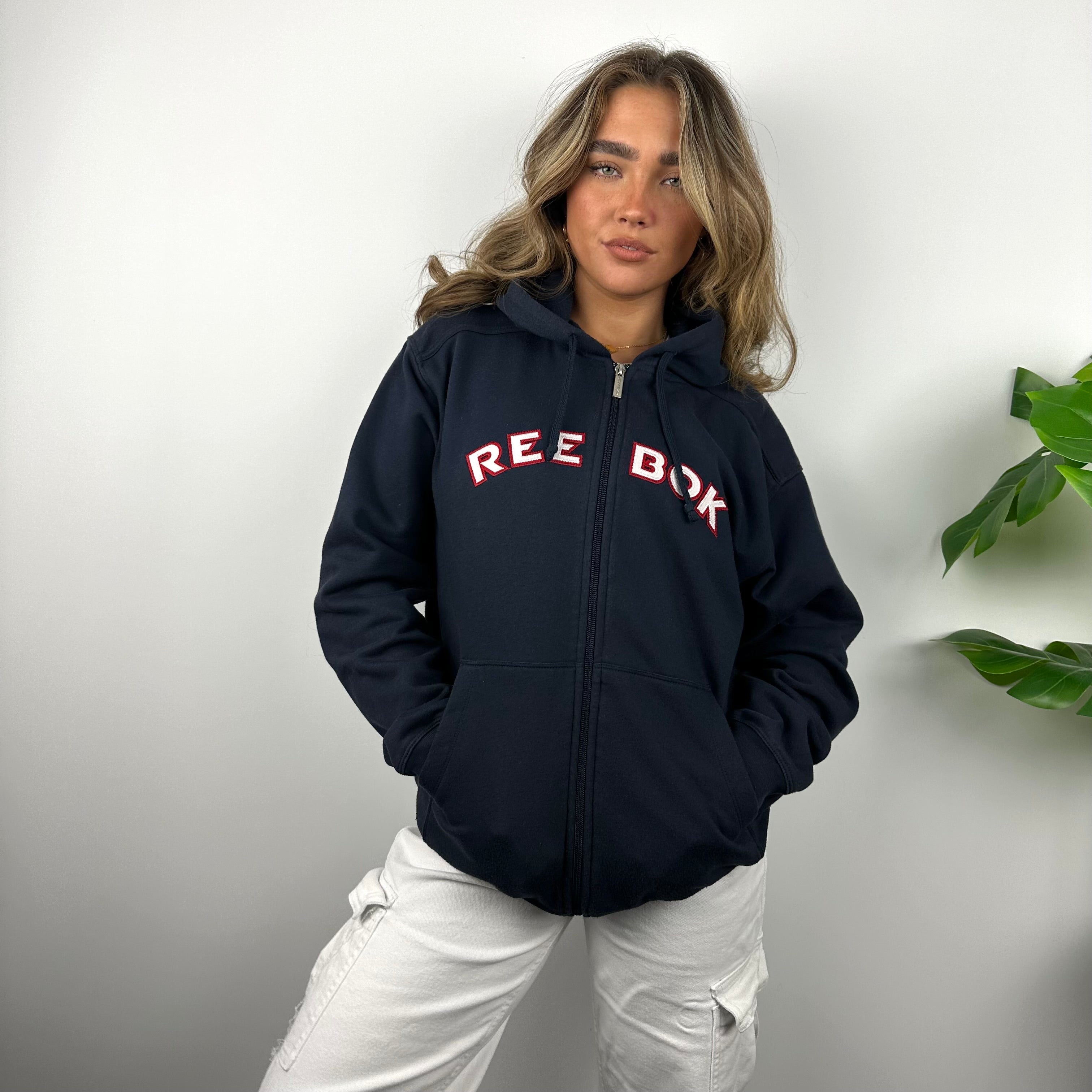 Reebok RARE Navy Embroidered Spell Out Zip Up Hoodie Jacket (S)