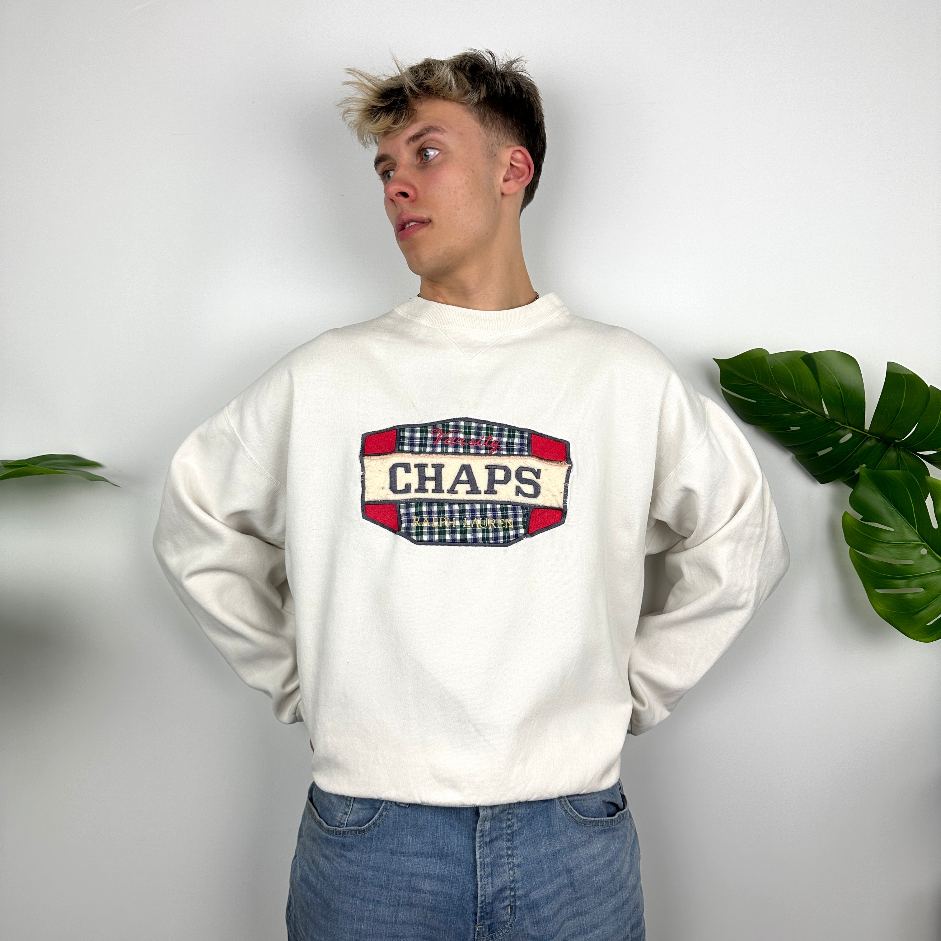 Chaps Ralph Lauren White Embroidered Spell Out Sweatshirt (M)