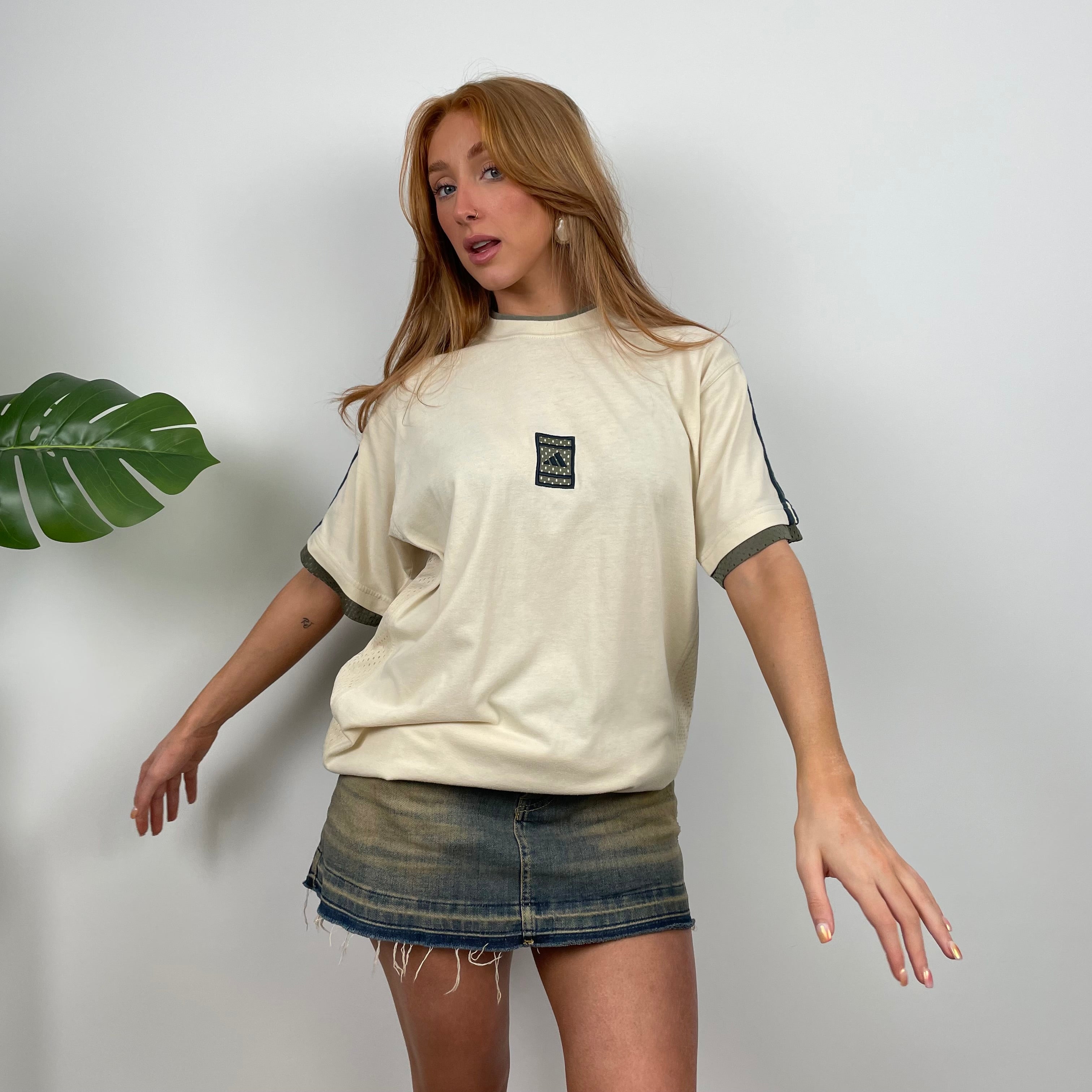 Adidas RARE Cream Embroidered Spell Out T Shirt (L)