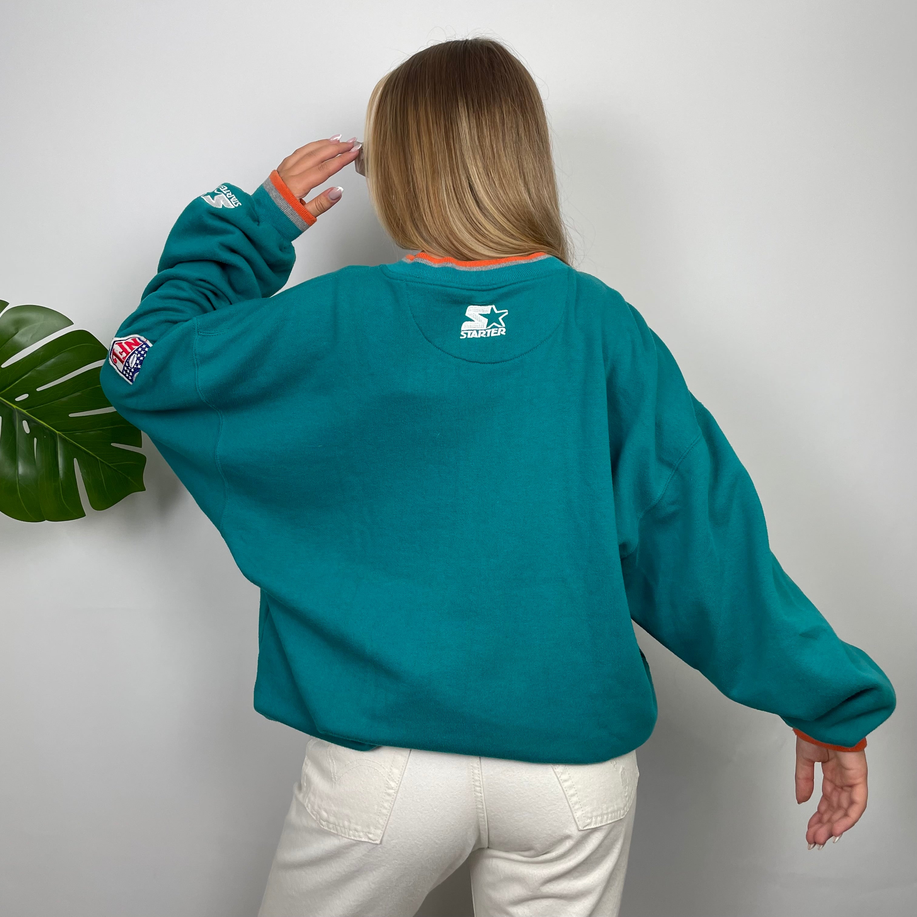 NFL Miami Dolphins Turquoise Embroidered Spell Out Sweatshirt (L)