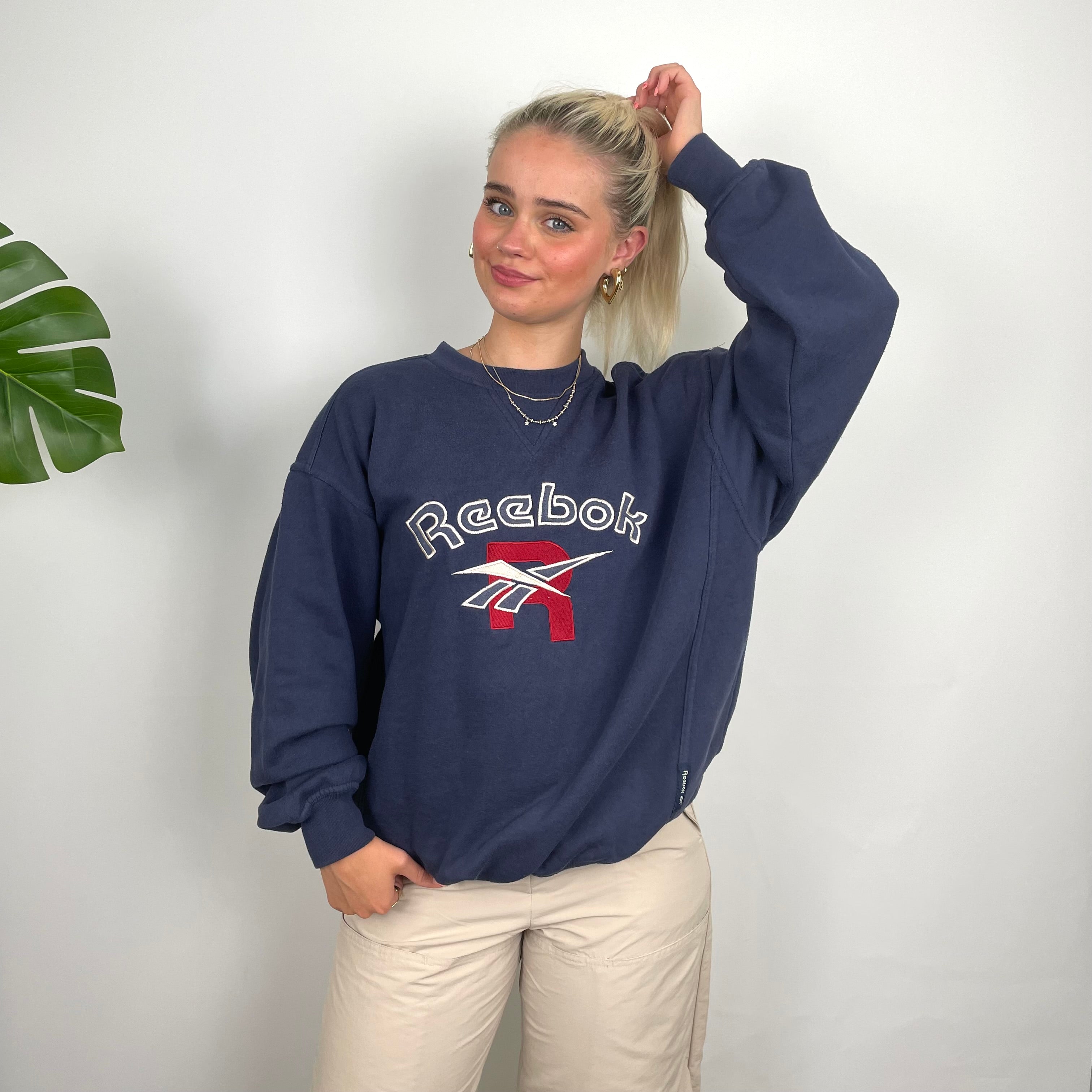 Reebok RARE Navy Embroidered Spell Out Sweatshirt (M)